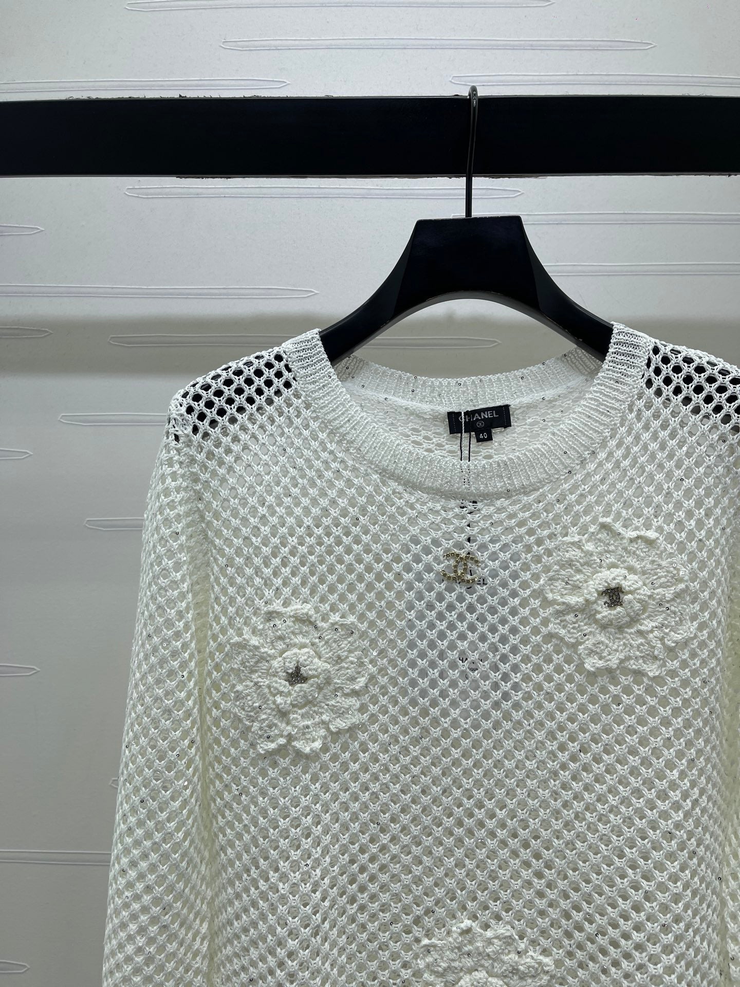 CC 26s Hollow-Out Crochet Knit Long-Sleeved Top White Wool 406545