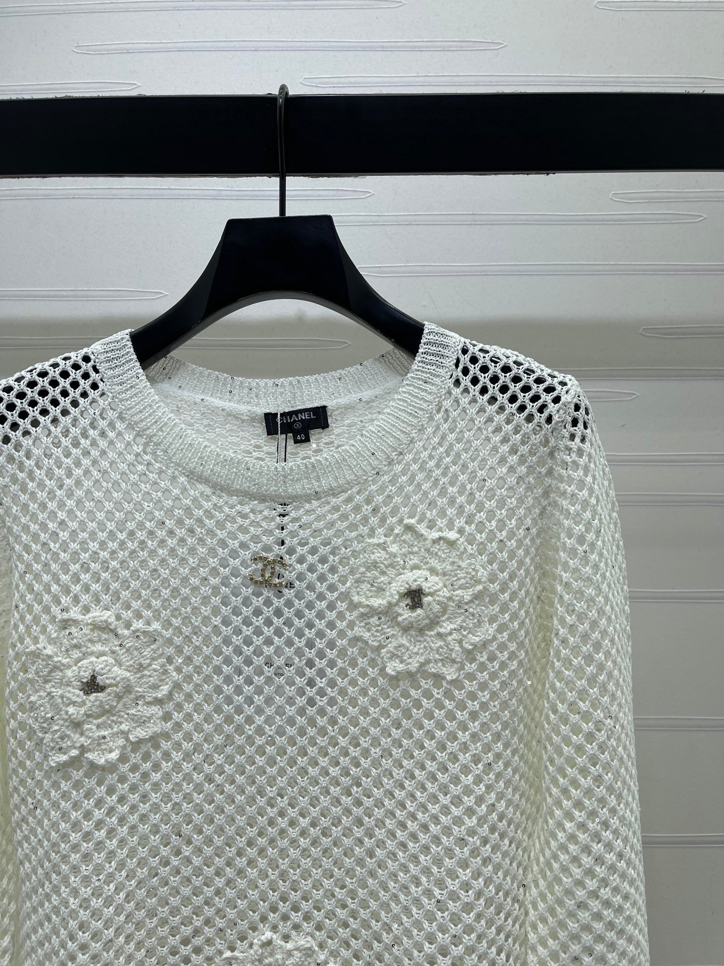 CC 26s Hollow-Out Crochet Knit Long-Sleeved Top White Wool 406545
