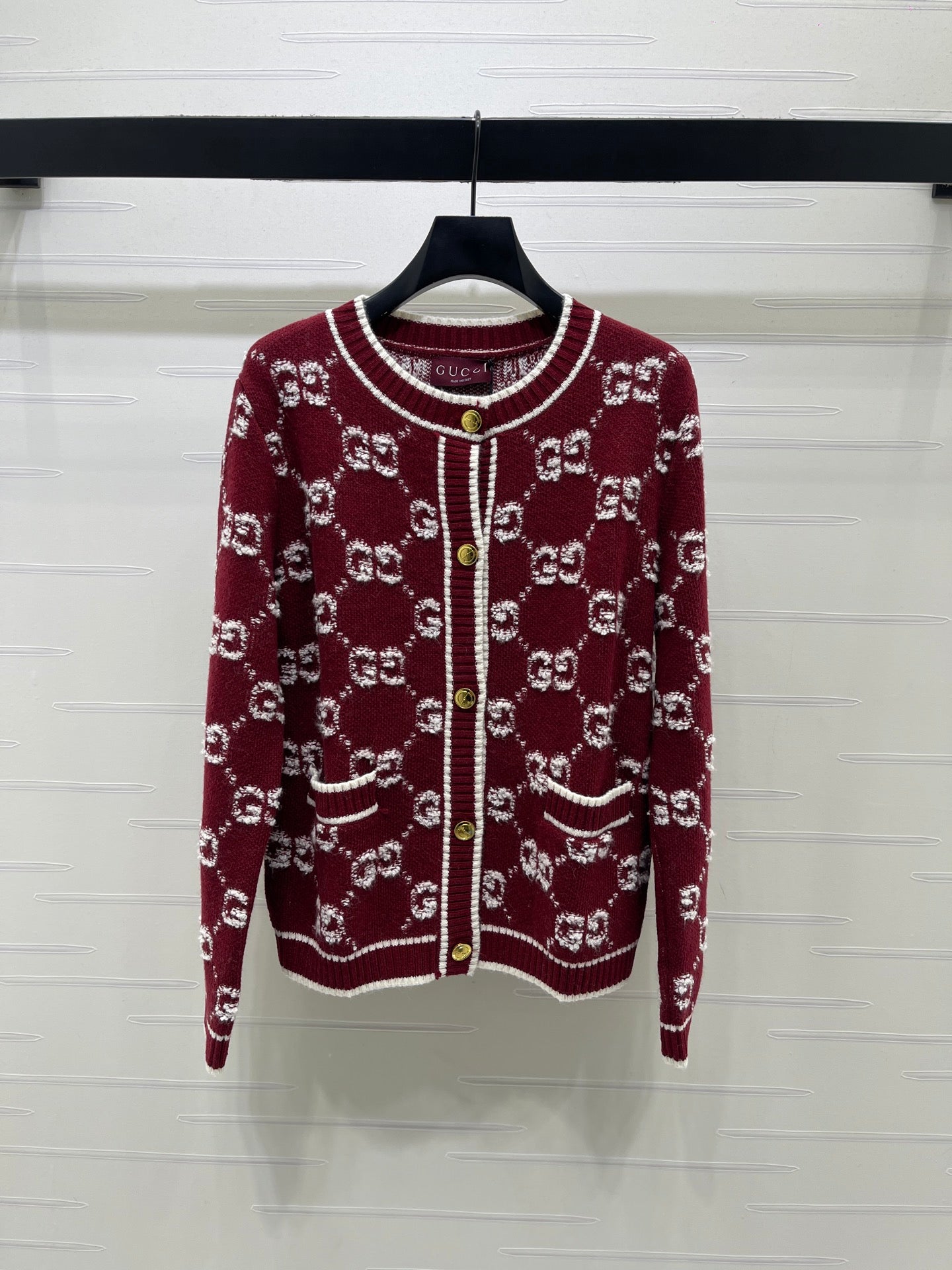 GG Crew Neck Jacquard Knit Cardigan Red Wool 415664