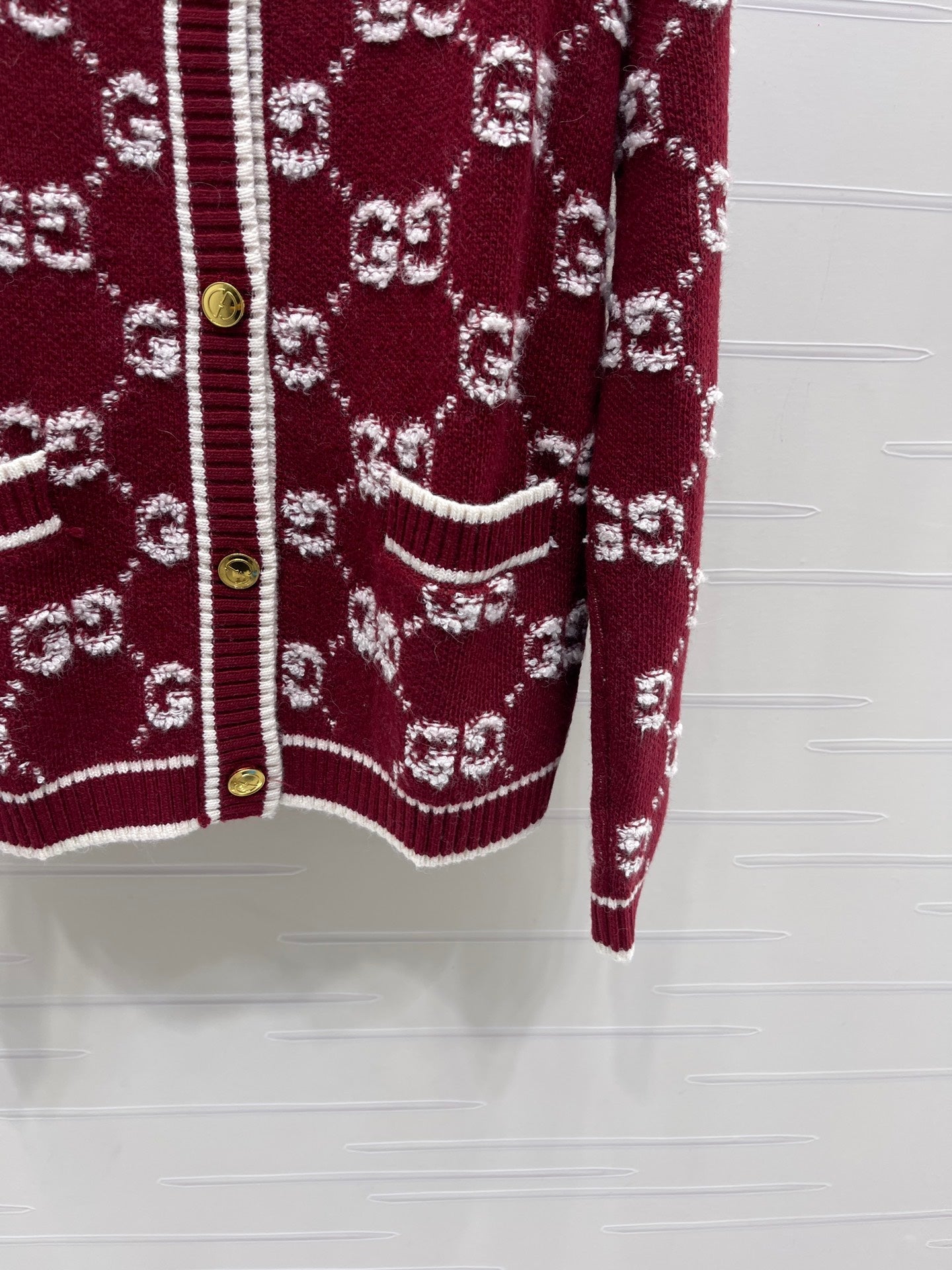GG Crew Neck Jacquard Knit Cardigan Red Wool 415664