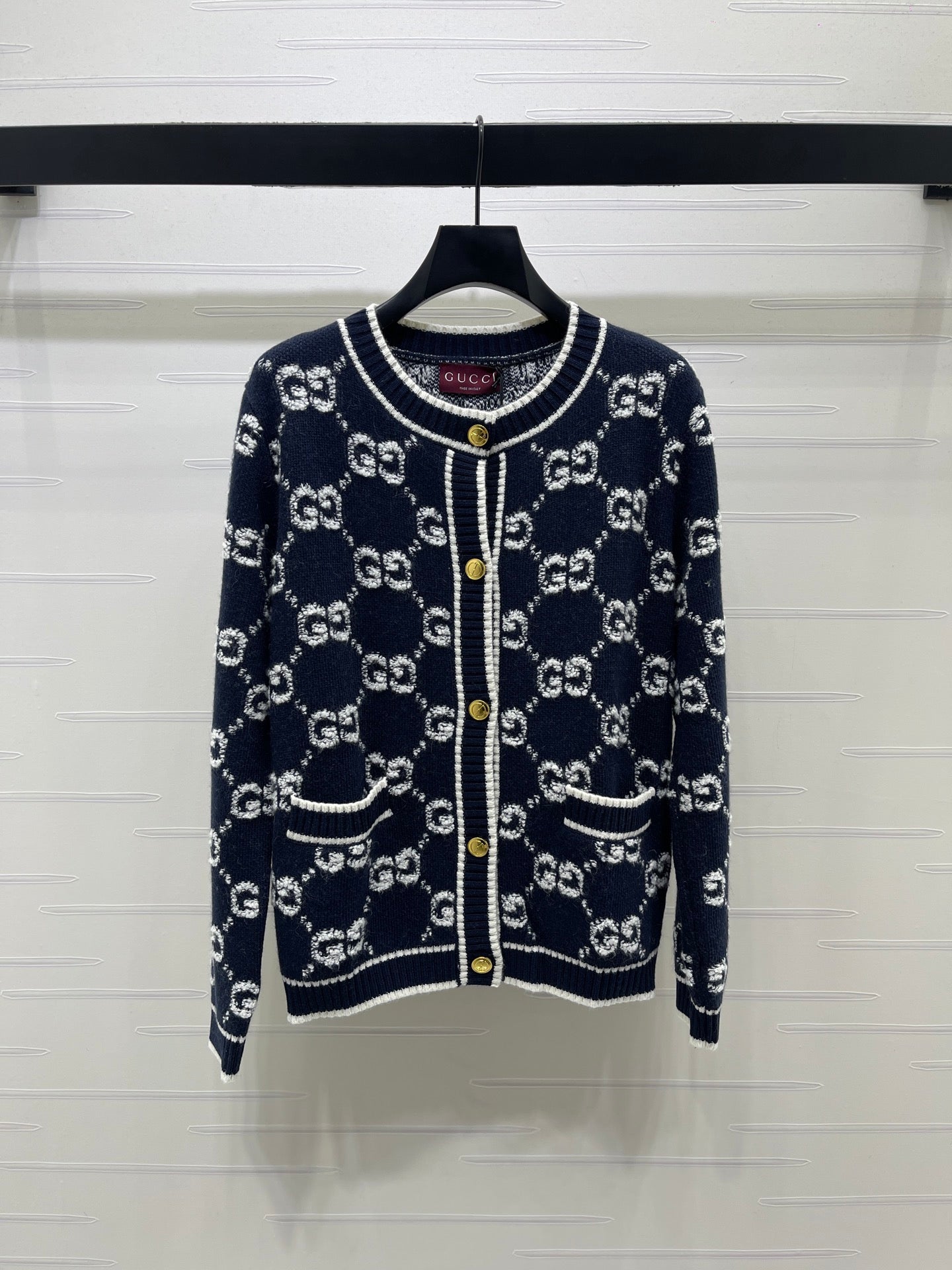 GG Crew Neck Jacquard Knit Cardigan Dark Blue Wool 415662