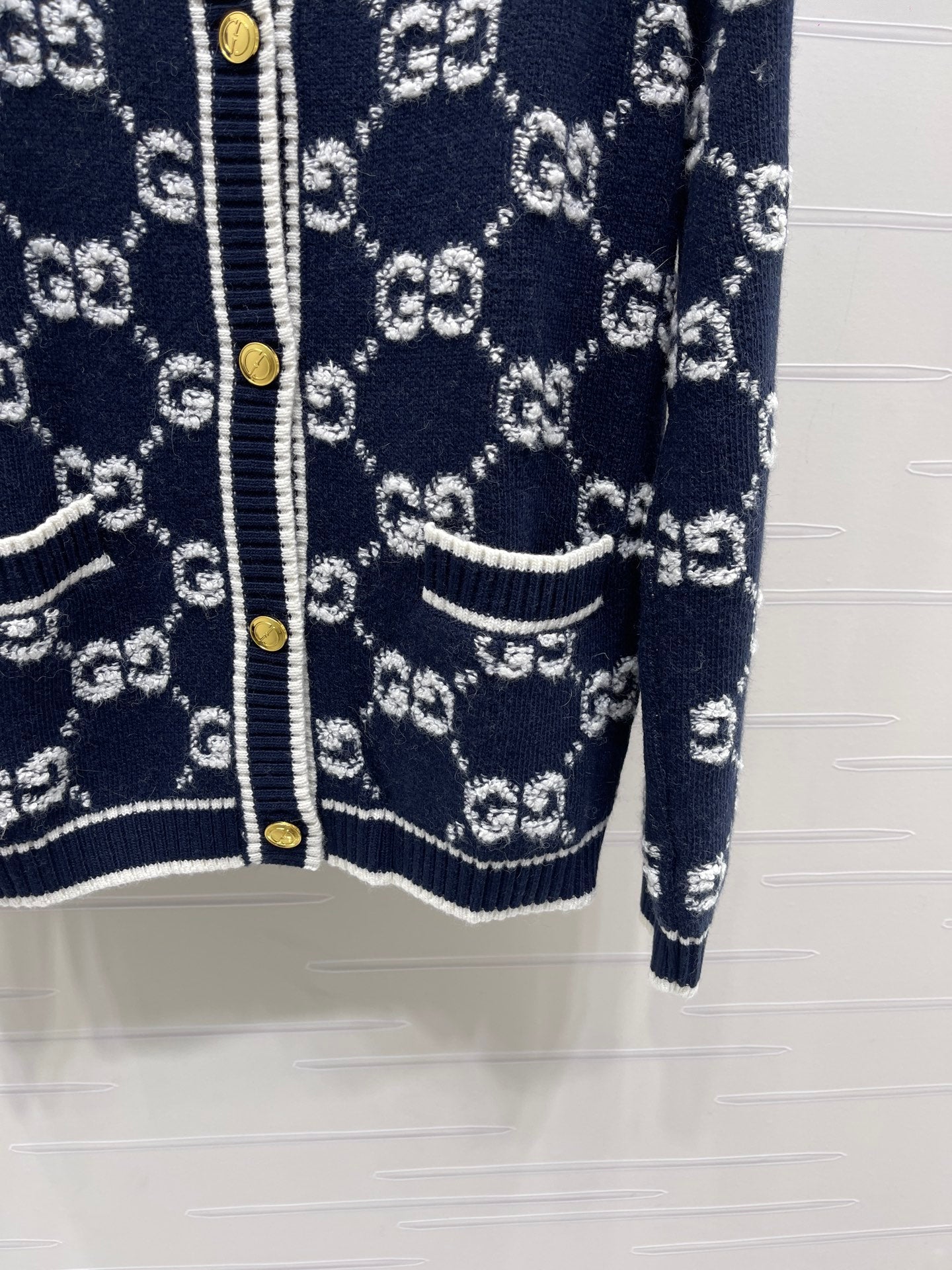 GG Crew Neck Jacquard Knit Cardigan Dark Blue Wool 415662