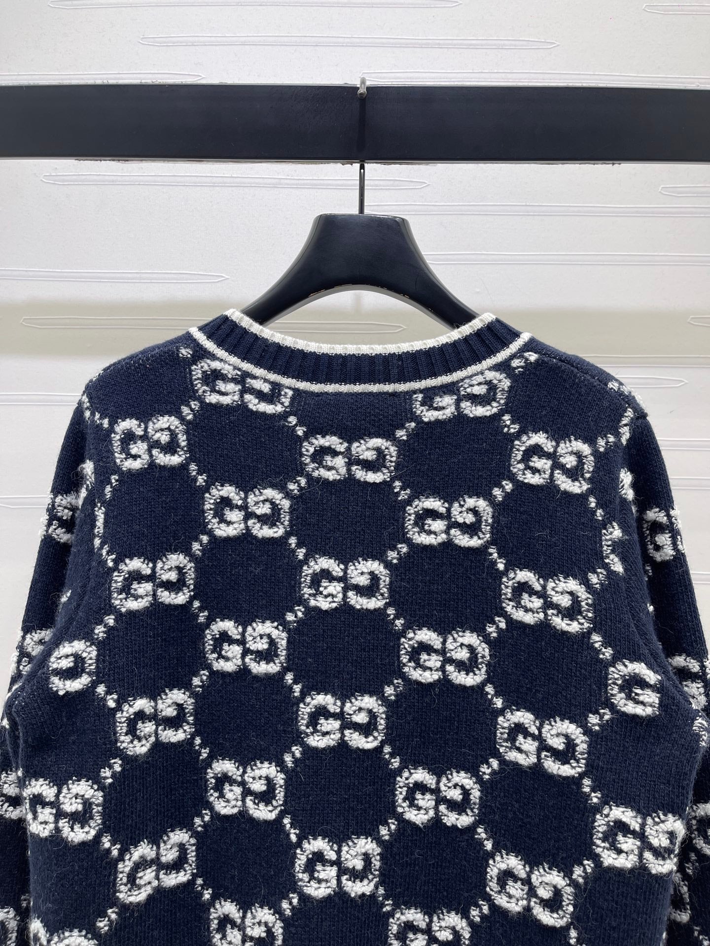 GG Crew Neck Jacquard Knit Cardigan Dark Blue Wool 415662