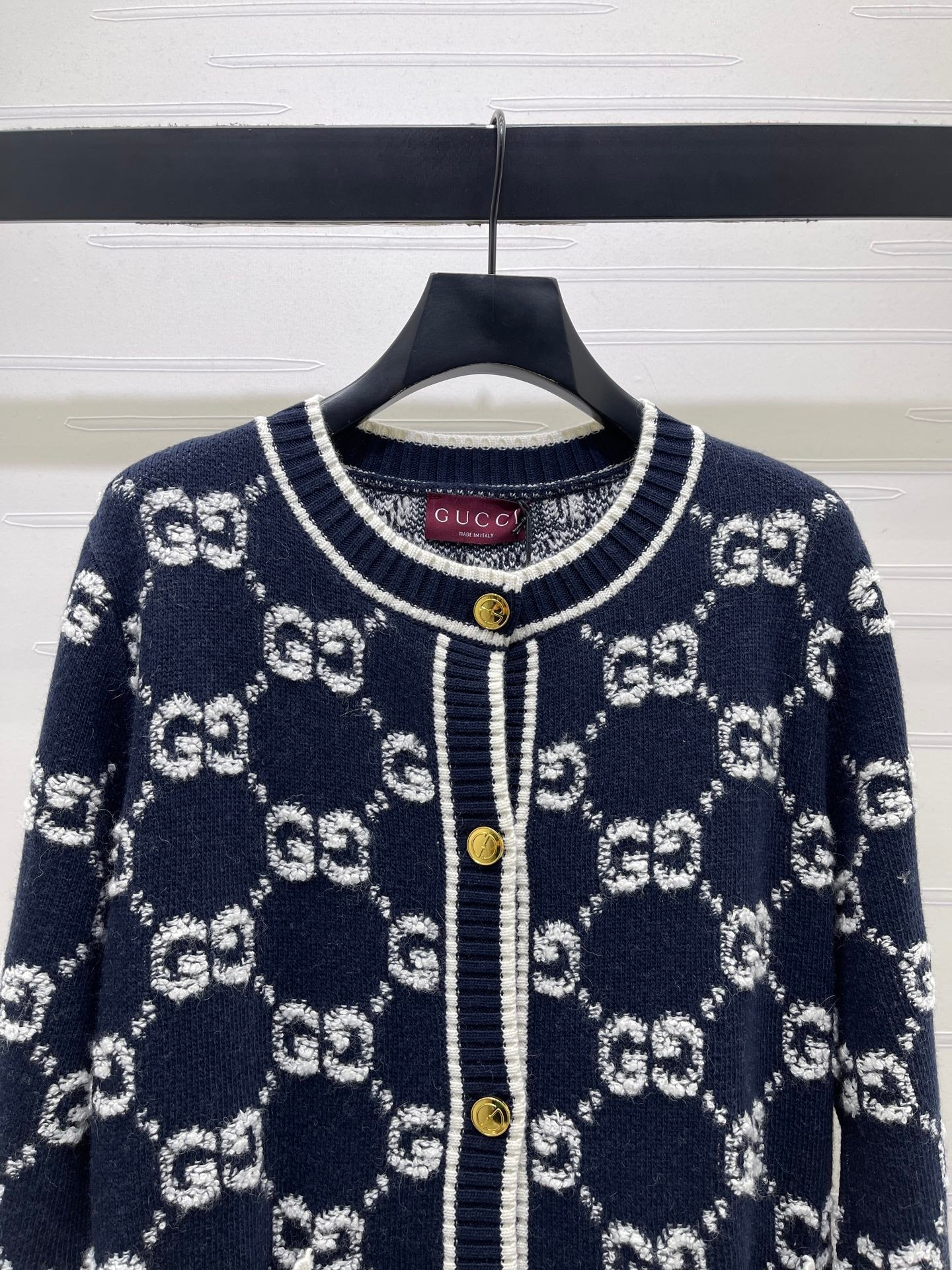 GG Crew Neck Jacquard Knit Cardigan Dark Blue Wool 415662