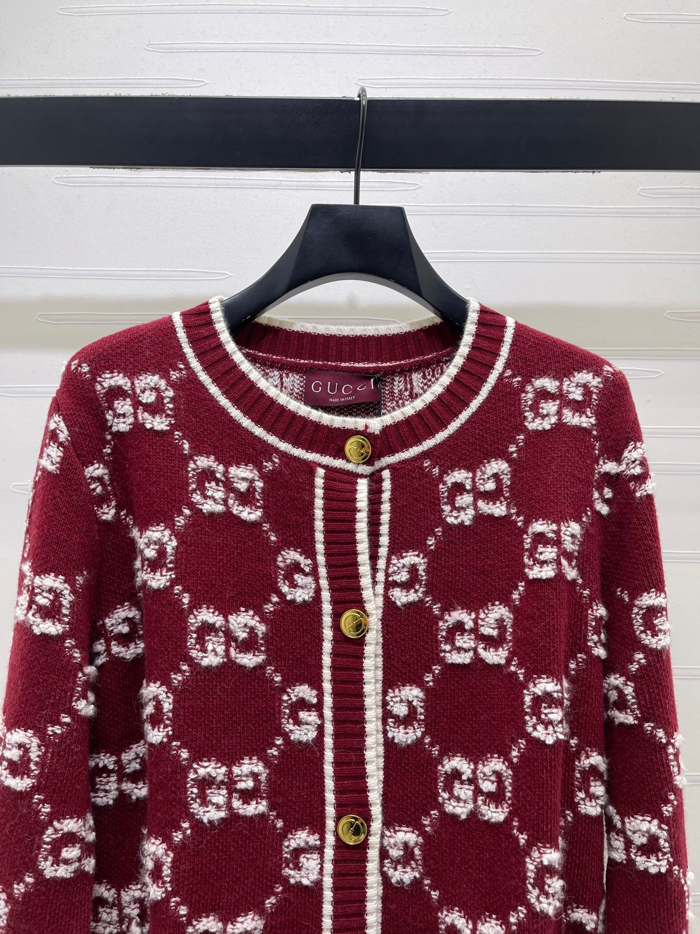 GG Crew Neck Jacquard Knit Cardigan Red Wool 415664