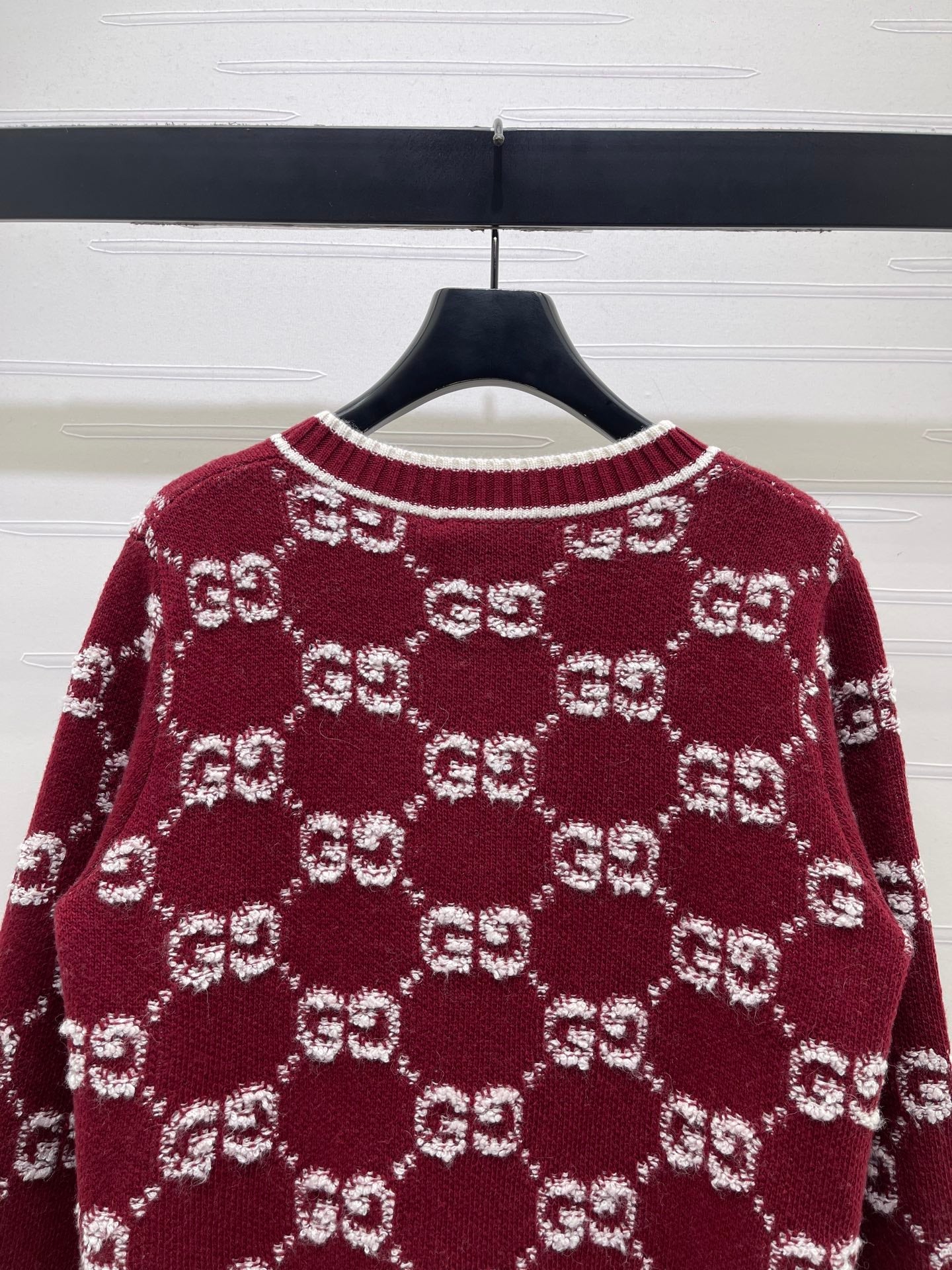 GG Crew Neck Jacquard Knit Cardigan Red Wool 415664