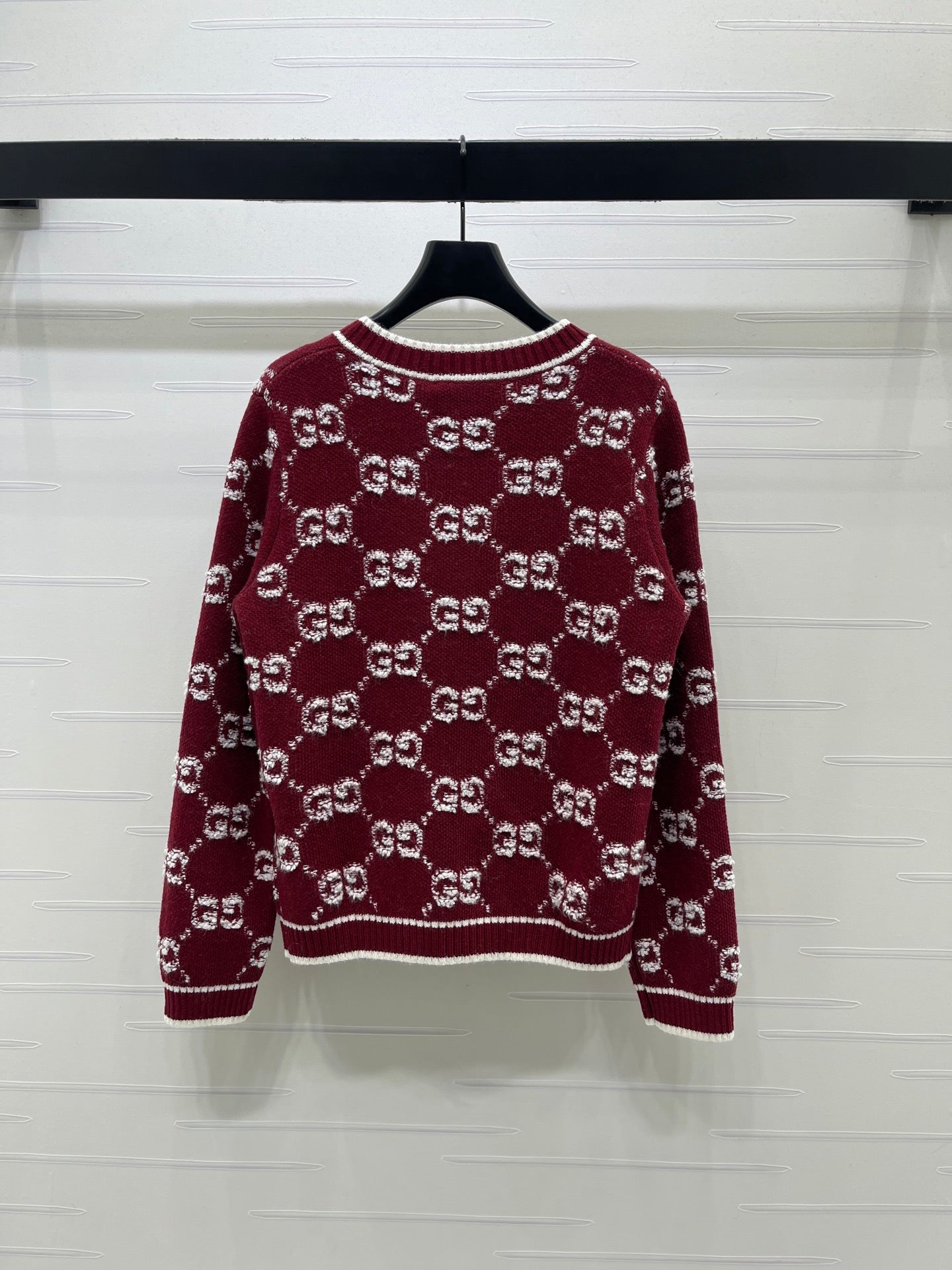 GG Crew Neck Jacquard Knit Cardigan Red Wool 415664