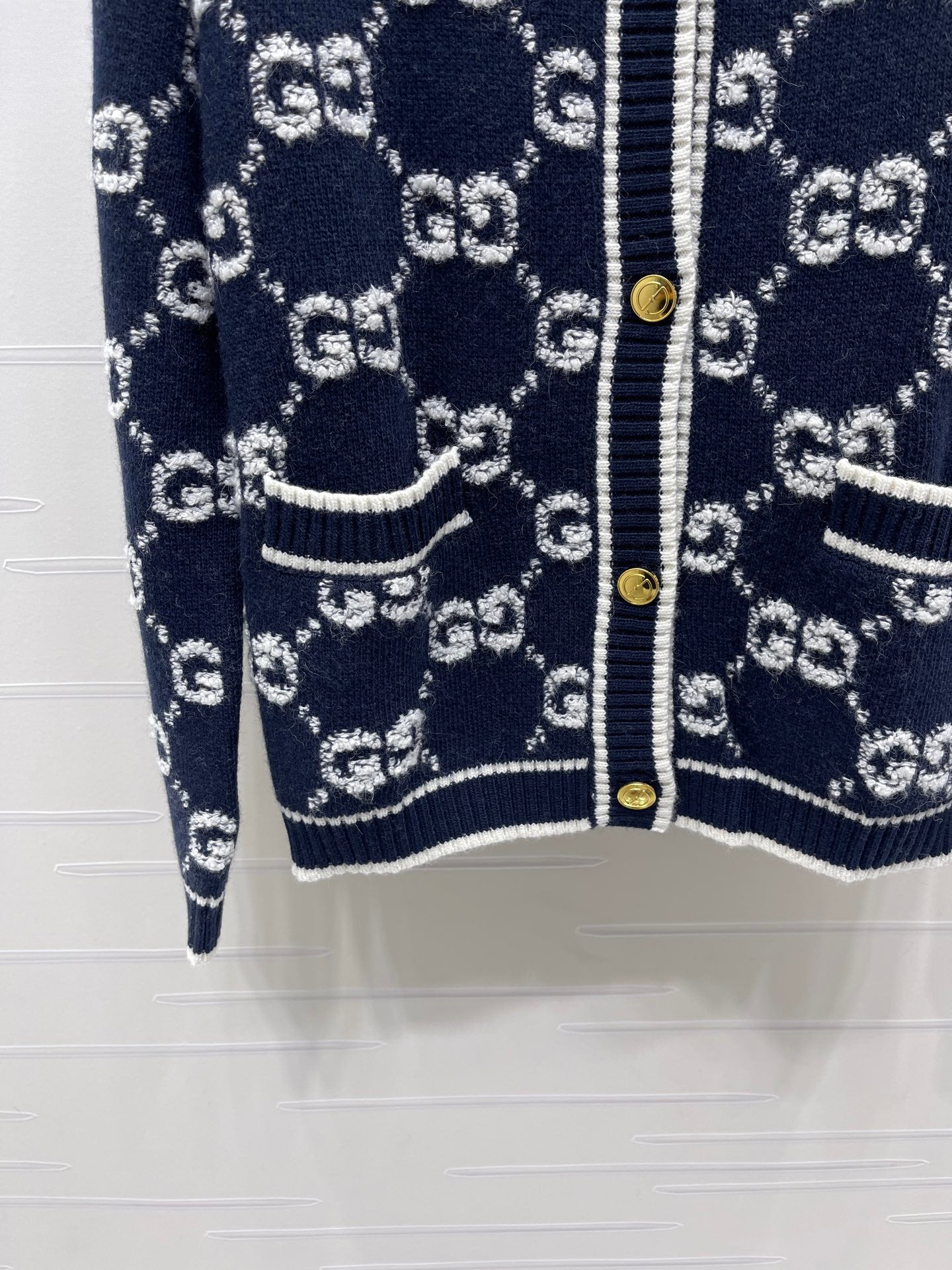 GG Crew Neck Jacquard Knit Cardigan Dark Blue Wool 415662