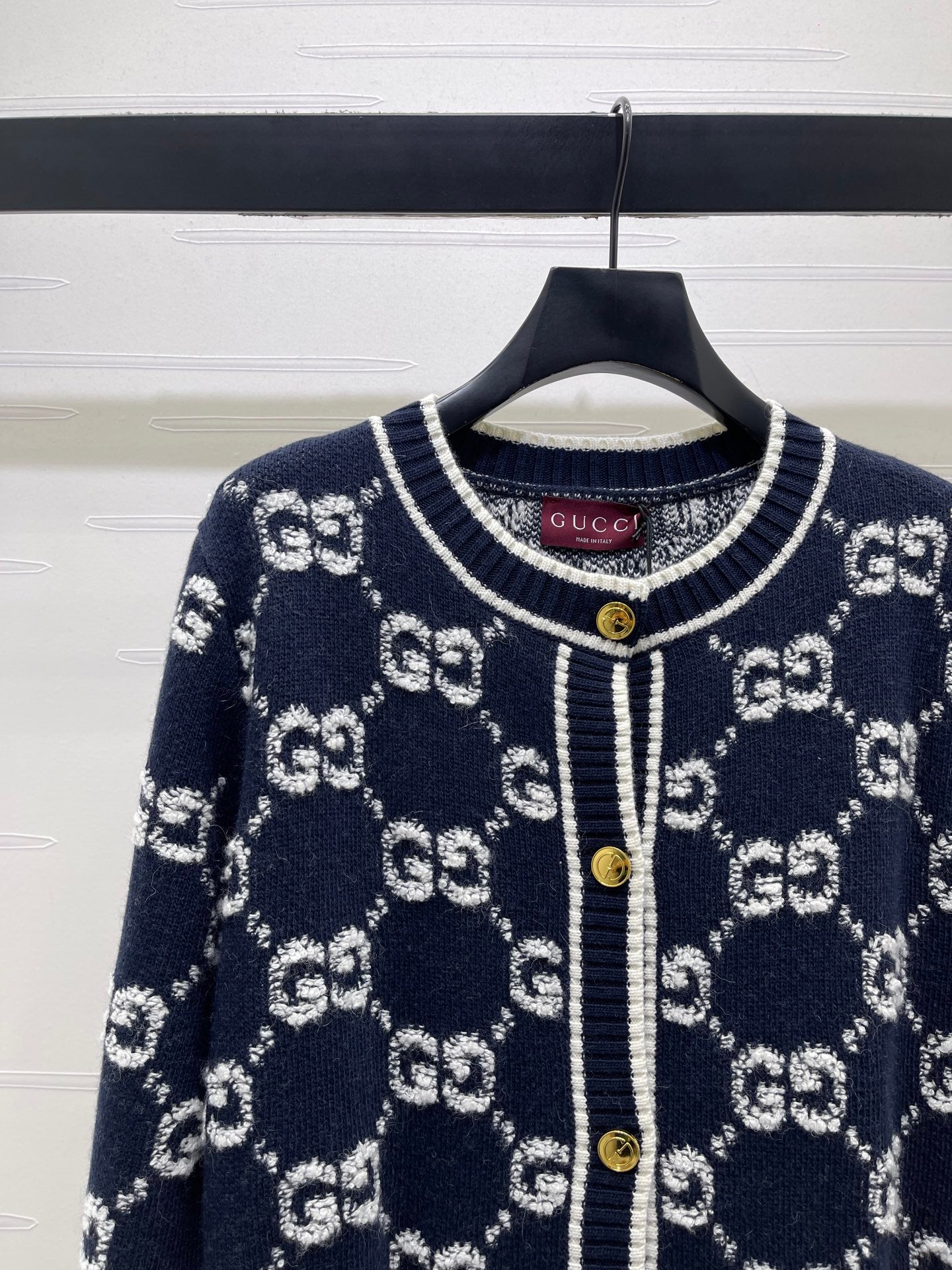 GG Crew Neck Jacquard Knit Cardigan Dark Blue Wool 415662