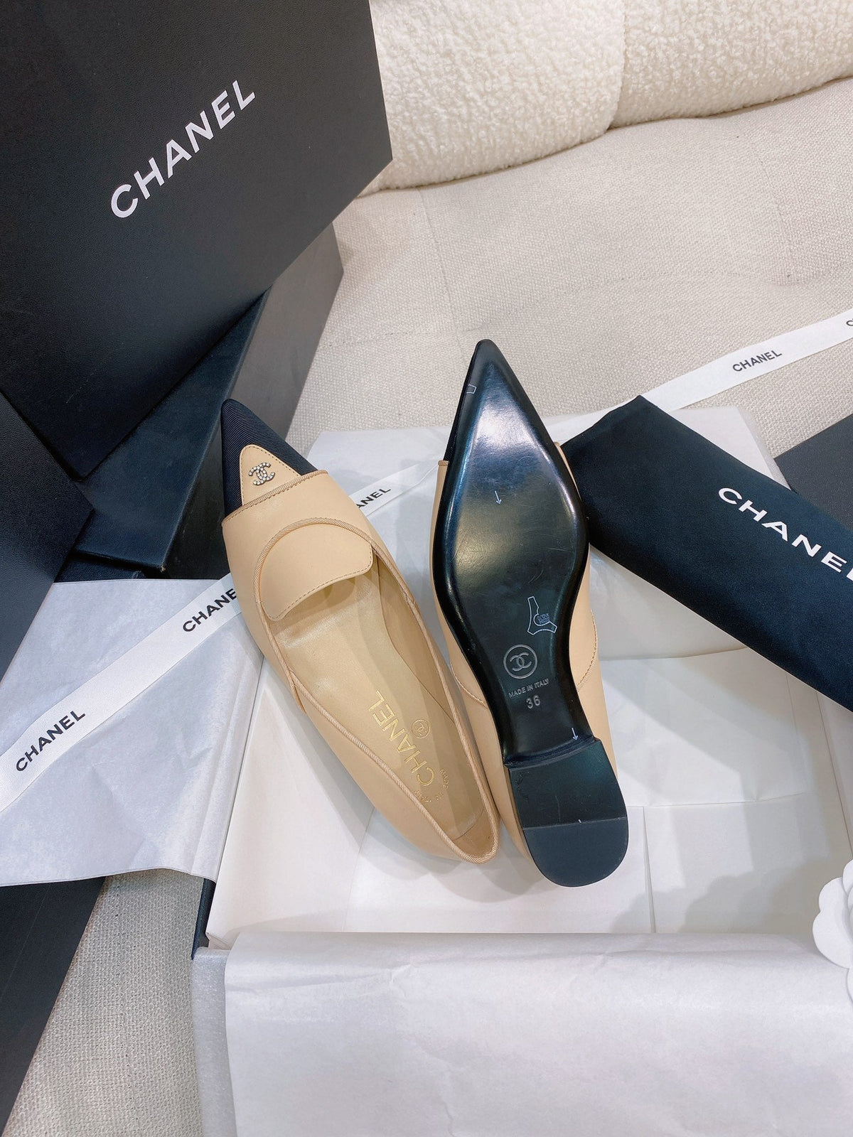 Chanel 26s Ballet Flats Beige Black Grosgrain Leather 156613