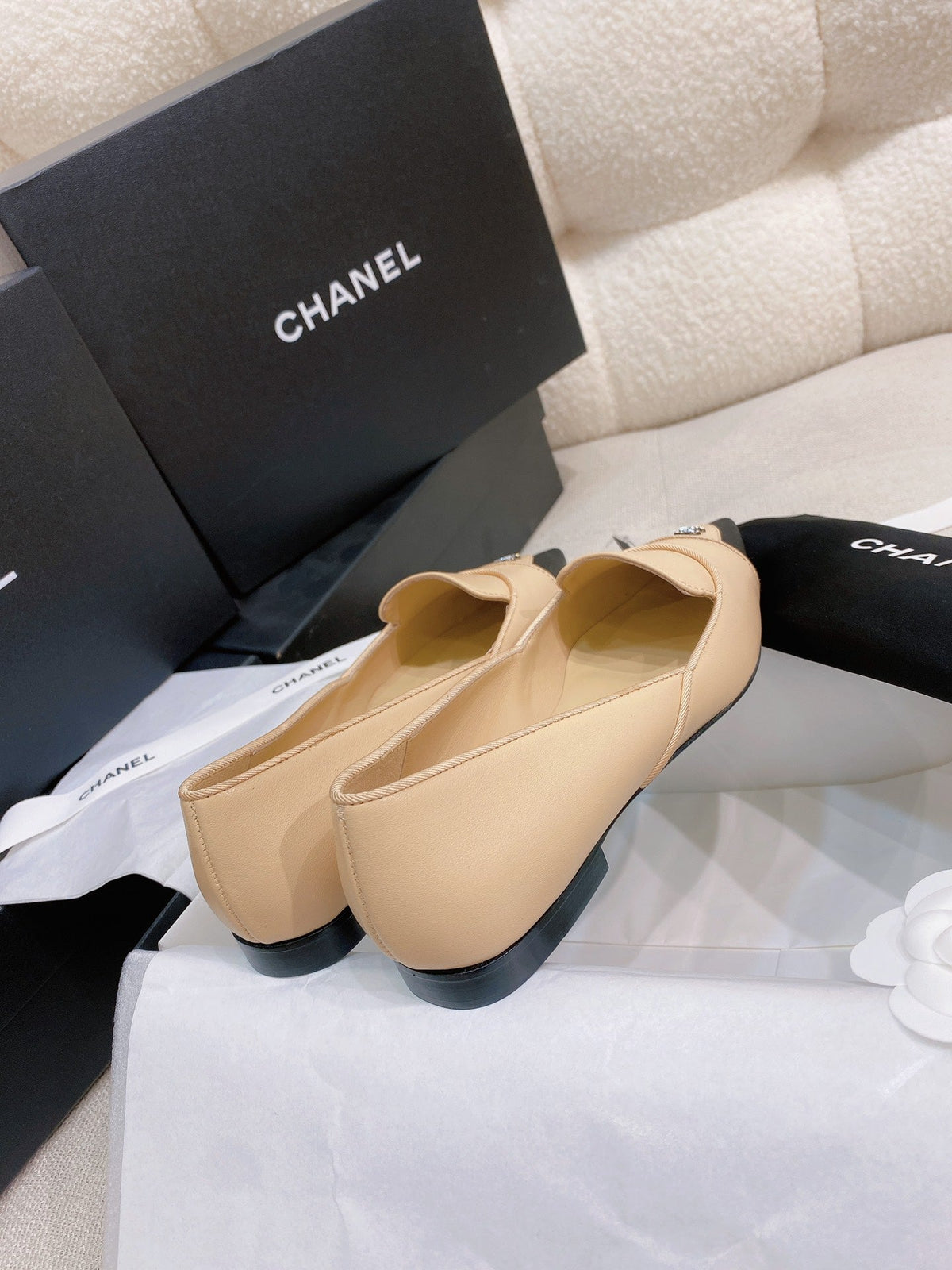Chanel 26s Ballet Flats Beige Black Grosgrain Leather 156613