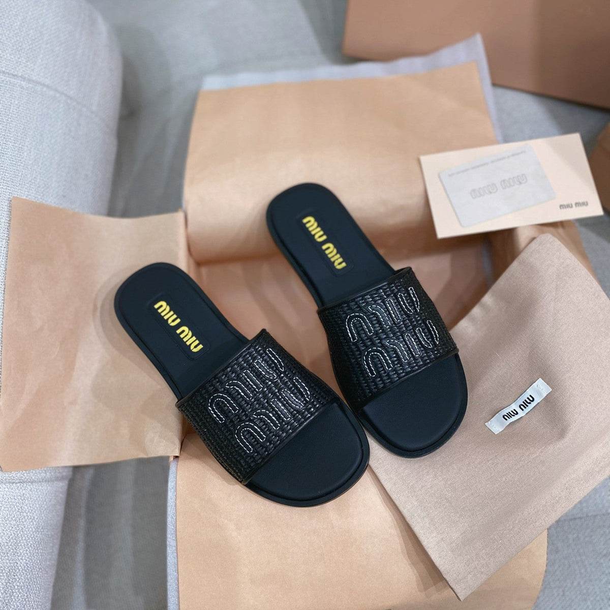Miu Miu 26s Stuoia Raffia Logo Flat Slide Sandals Black 155455