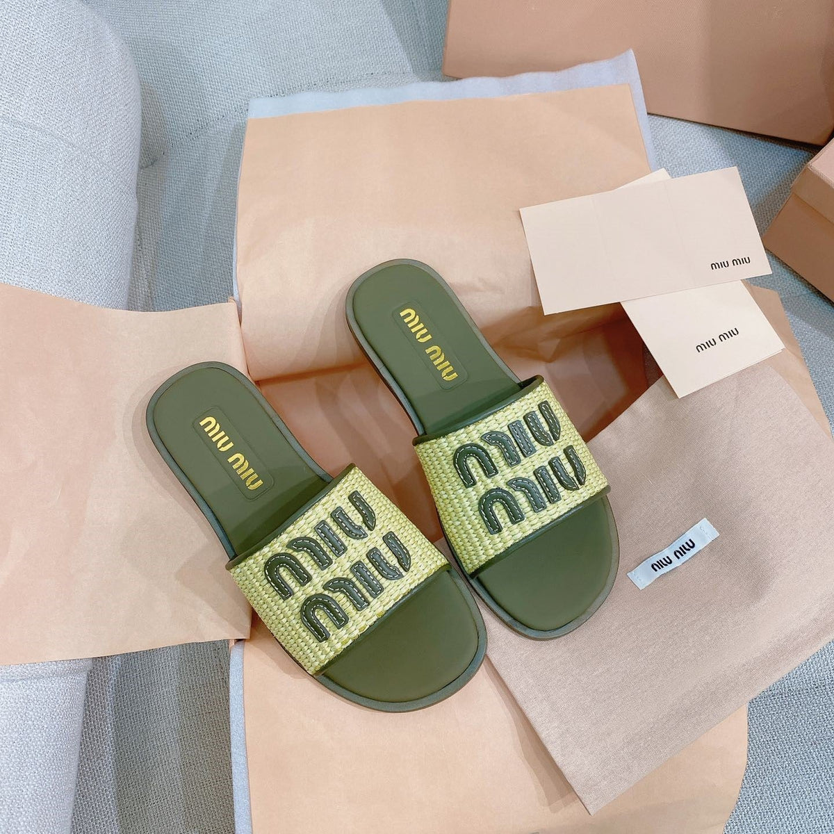 Miu Miu 26s Stuoia Raffia Logo Flat Slide Sandals Olive Green 155456