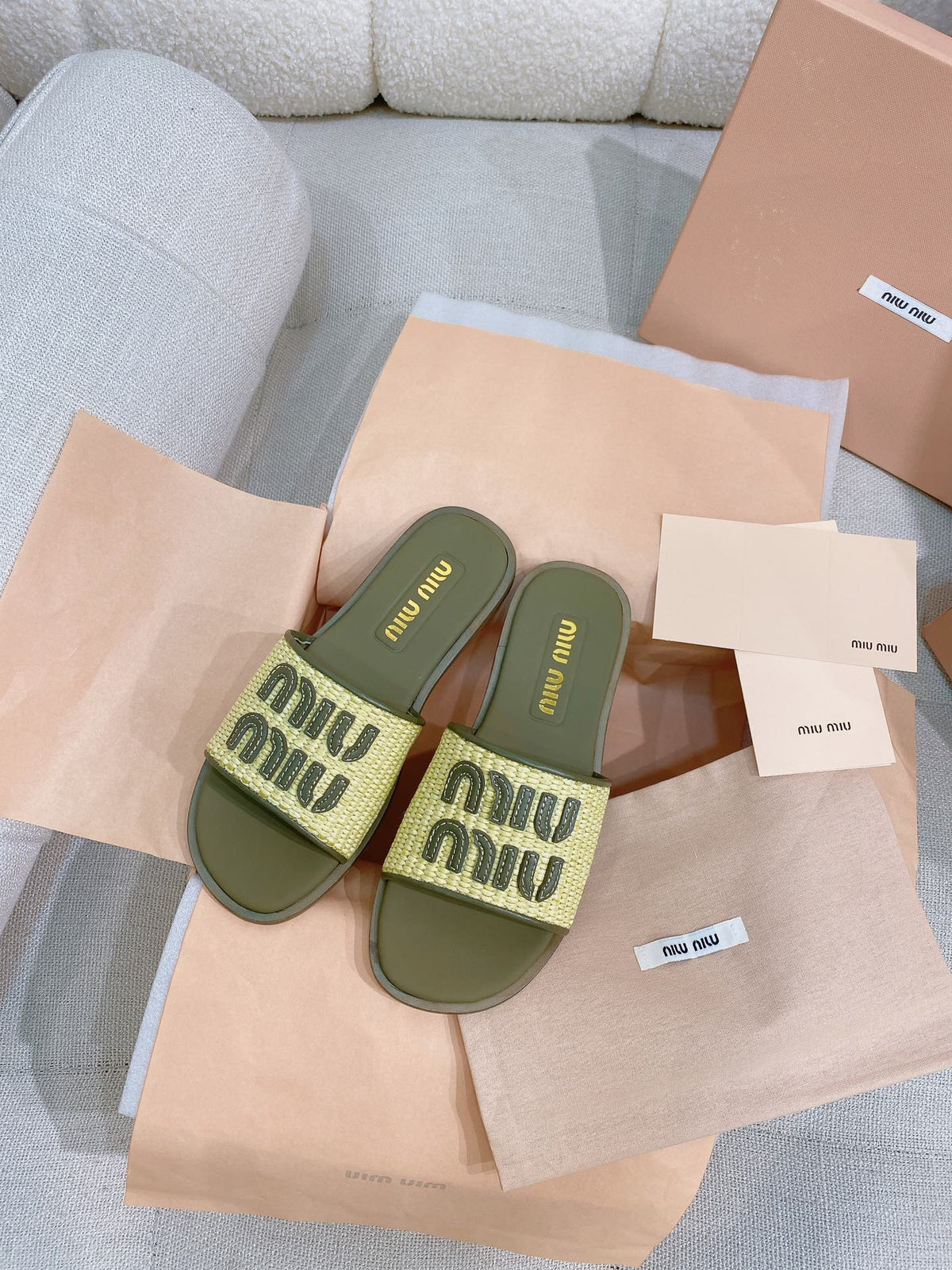 Miu Miu 26s Stuoia Raffia Logo Flat Slide Sandals Olive Green 155456