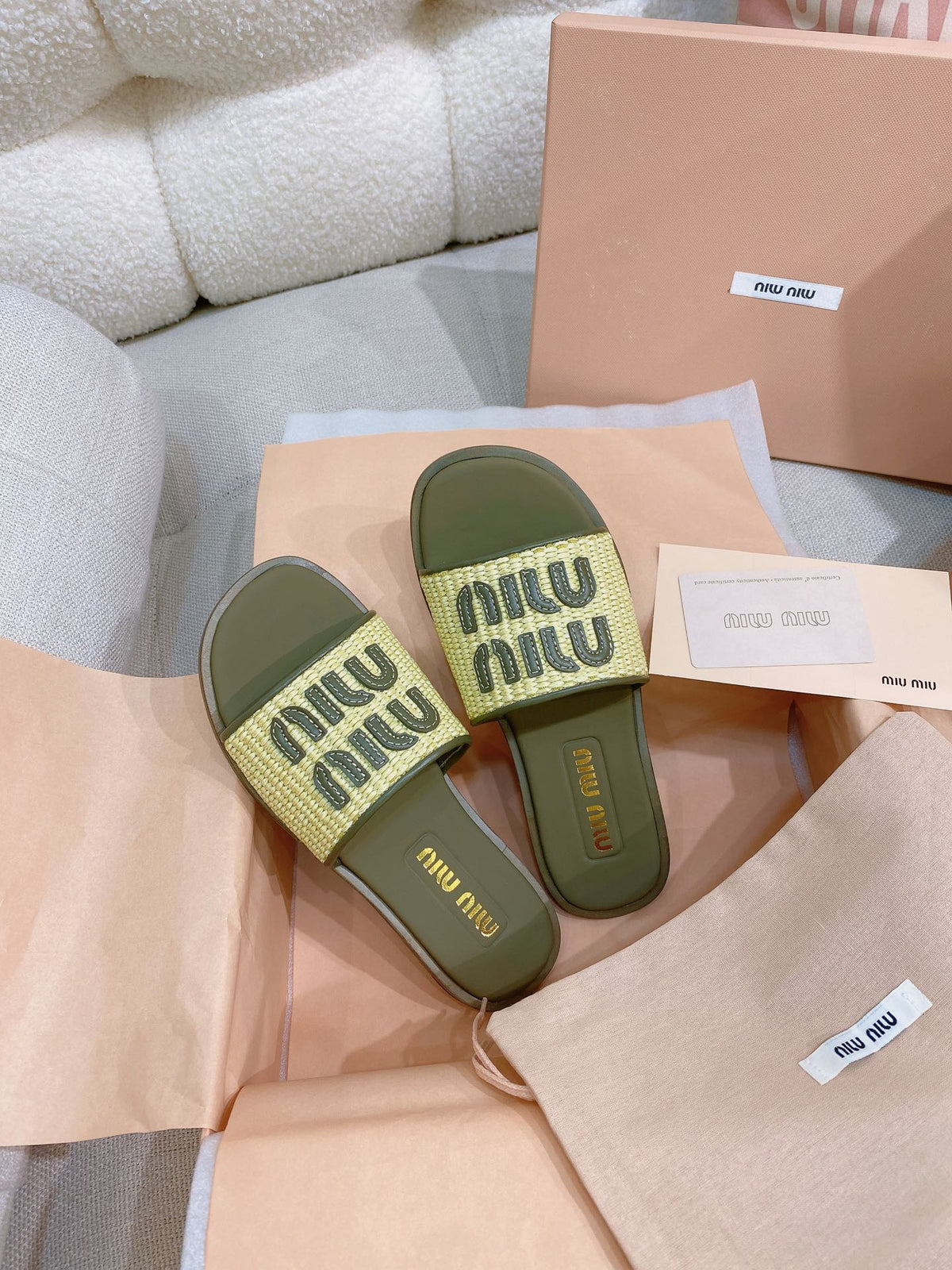 Miu Miu 26s Stuoia Raffia Logo Flat Slide Sandals Olive Green 155456