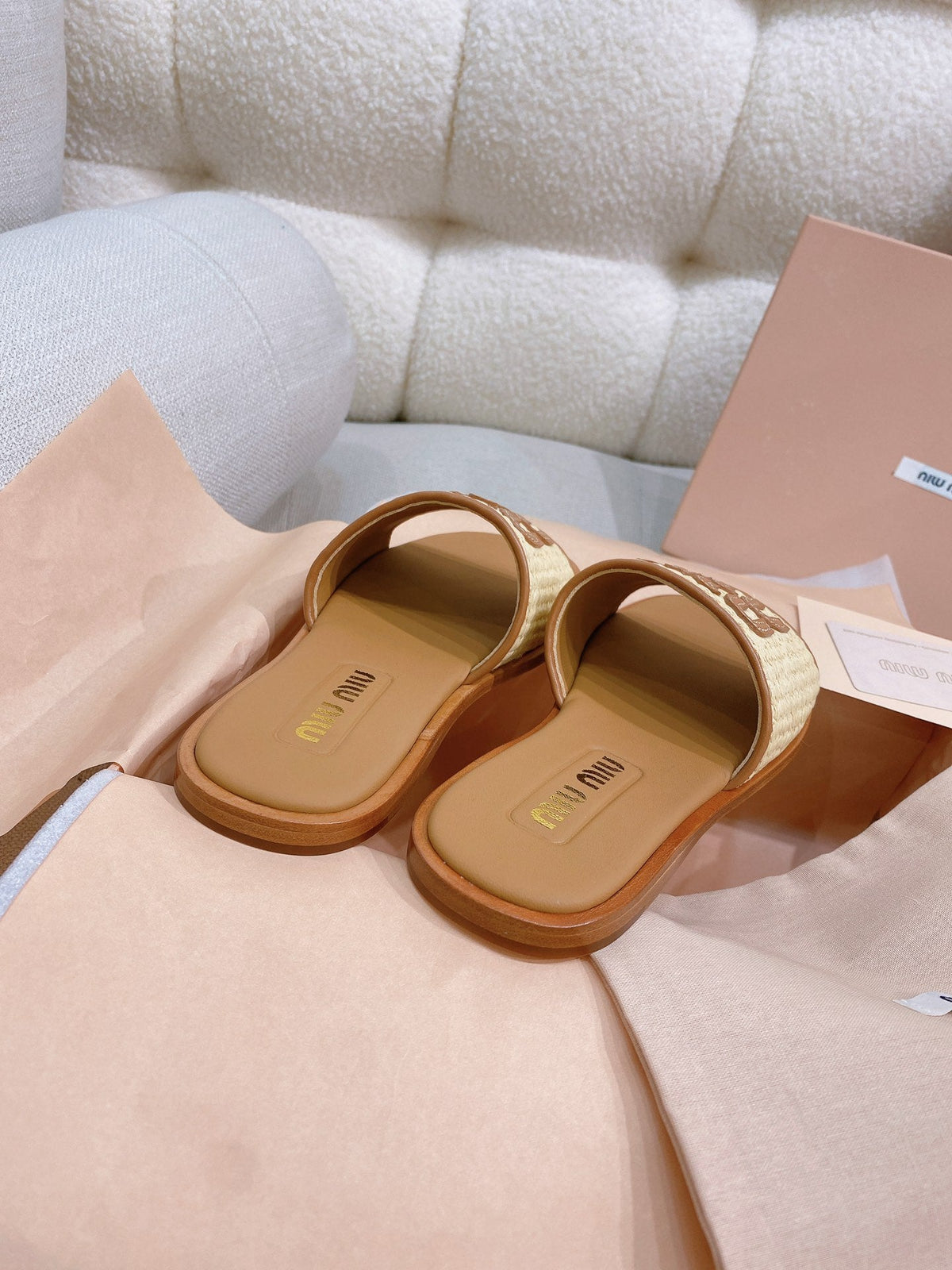 Miu Miu 26s Stuoia Raffia Logo Flat Slide Sandals Beige Brown 155457