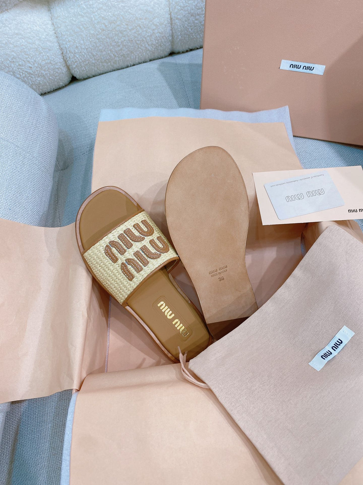 Miu Miu 26s Stuoia Raffia Logo Flat Slide Sandals Beige Brown 155457