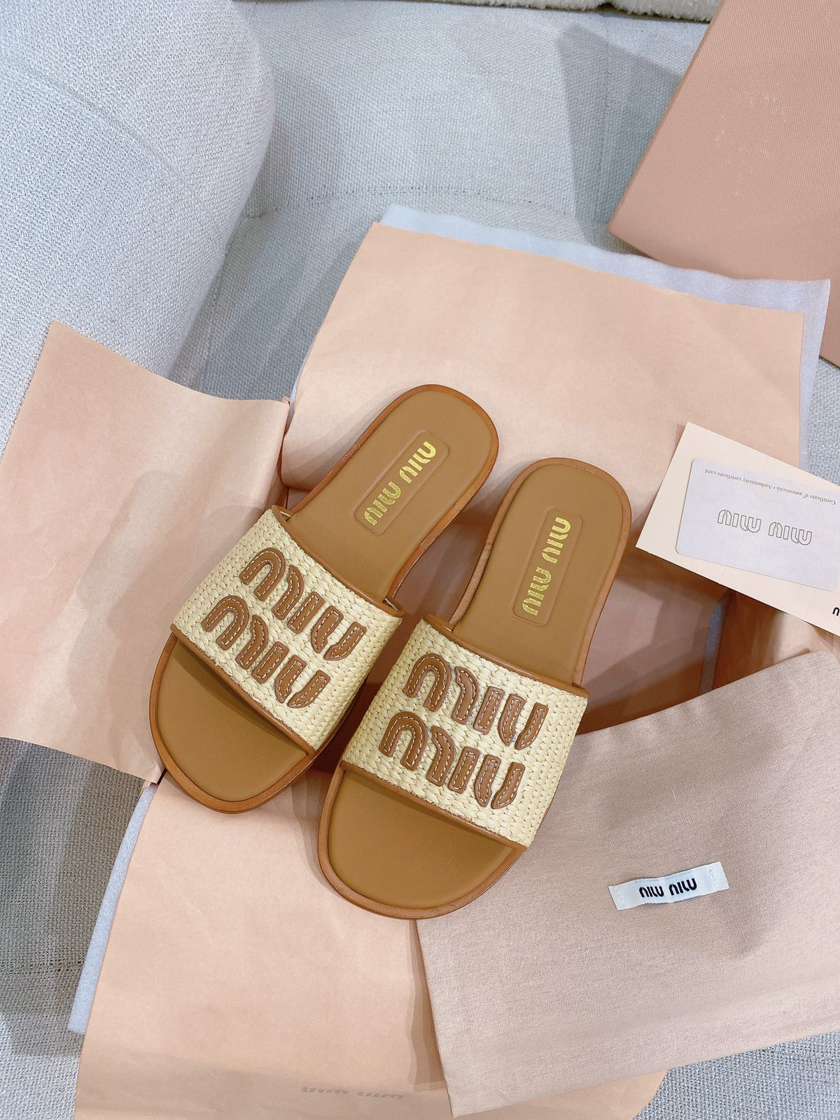 Miu Miu 26s Stuoia Raffia Logo Flat Slide Sandals Beige Brown 155457