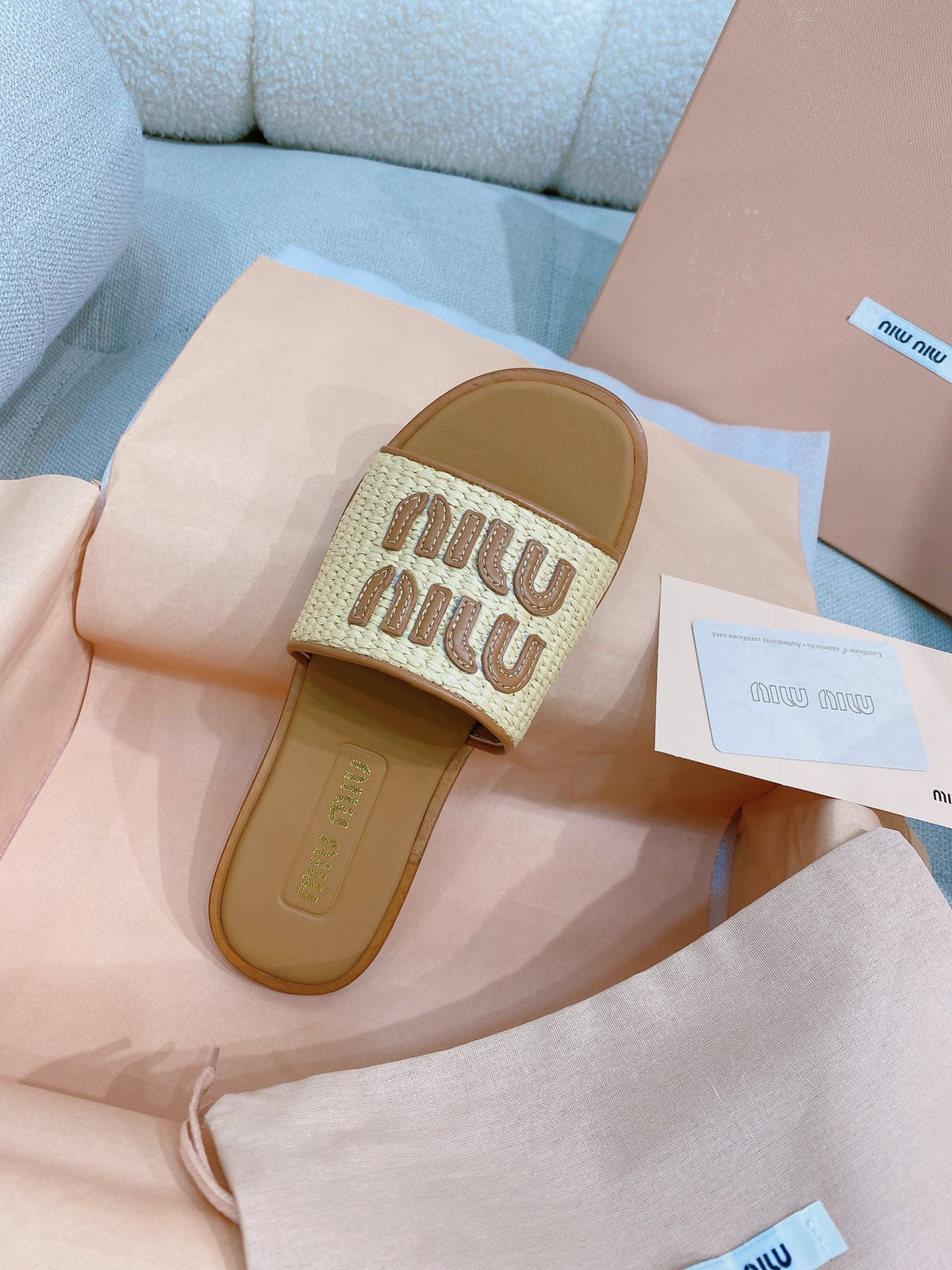 Miu Miu 26s Stuoia Raffia Logo Flat Slide Sandals Beige Brown 155457