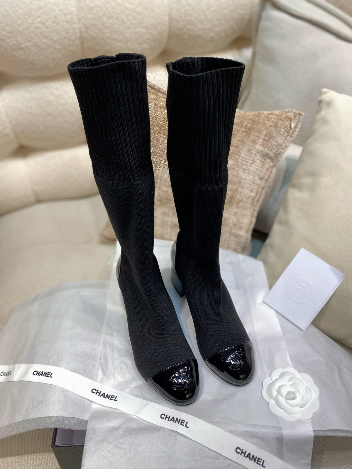 Chanel 26s Sock Boots 5.5cm Black Knit Patent Leather 156617