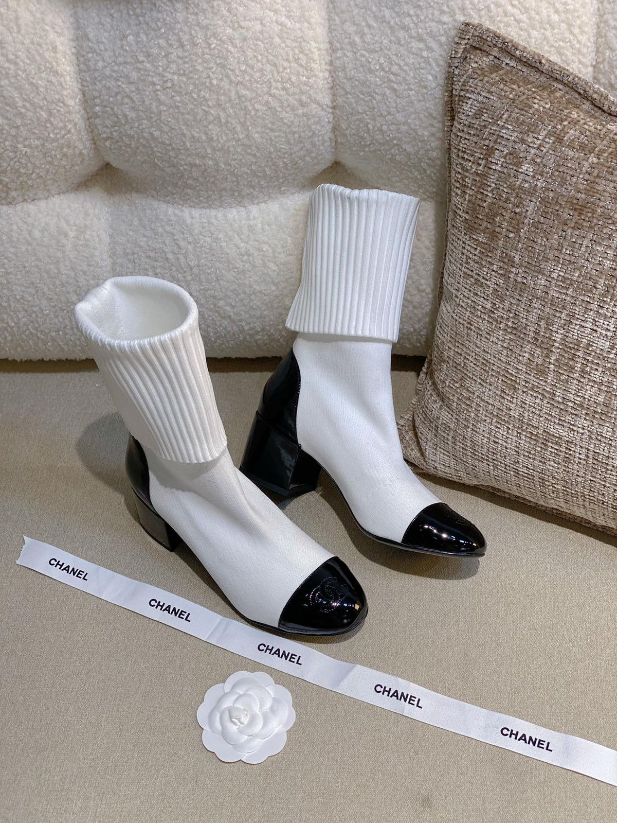 Chanel 26s Sock Boots 5.5cm White Black Knit Patent Leather 156618