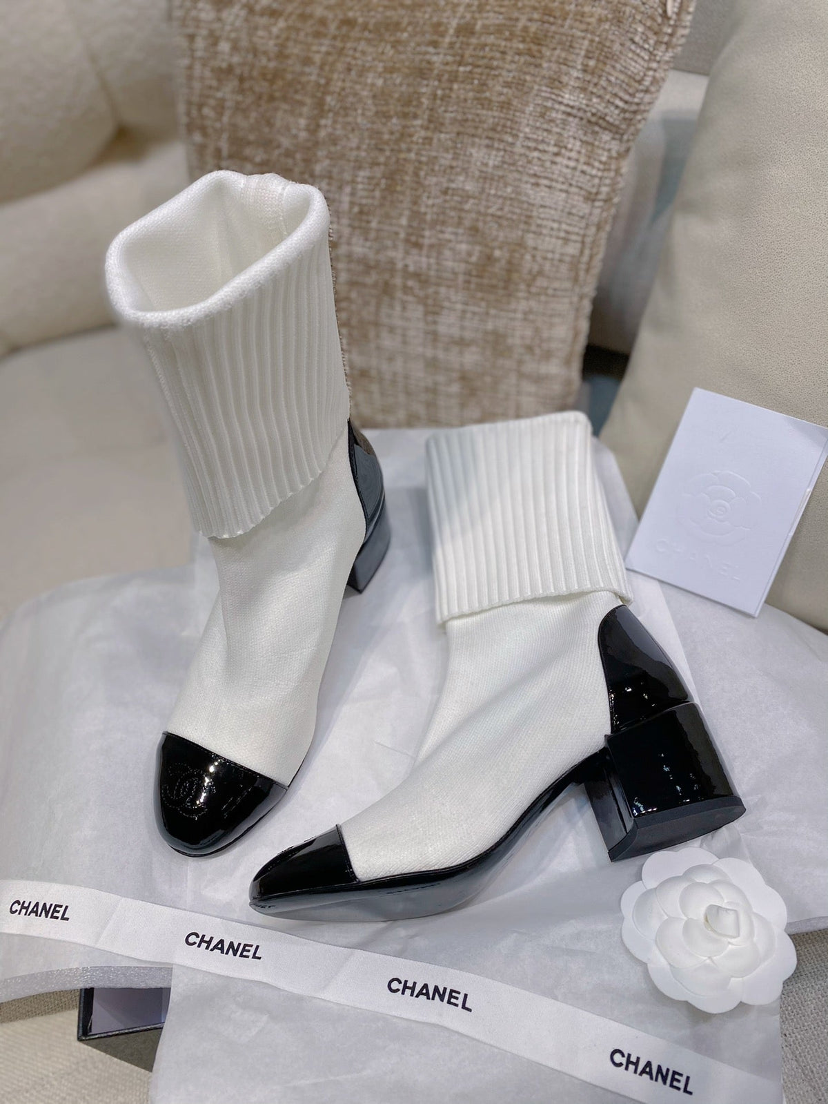 Chanel 26s Sock Boots 5.5cm White Black Knit Patent Leather 156618