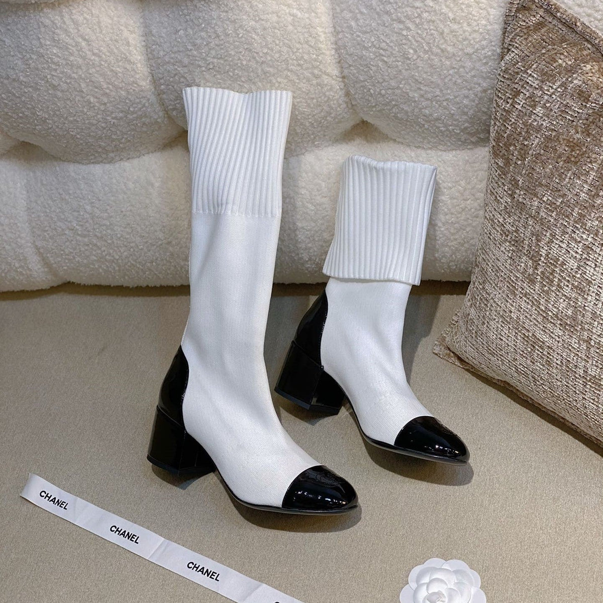 Chanel 26s Sock Boots 5.5cm White Black Knit Patent Leather 156618