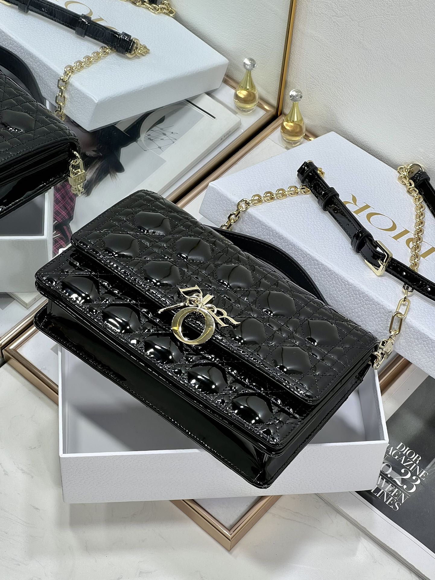 MY CD 24 TOP HANDLE BAG BLACK PATENT LAMBSKIN