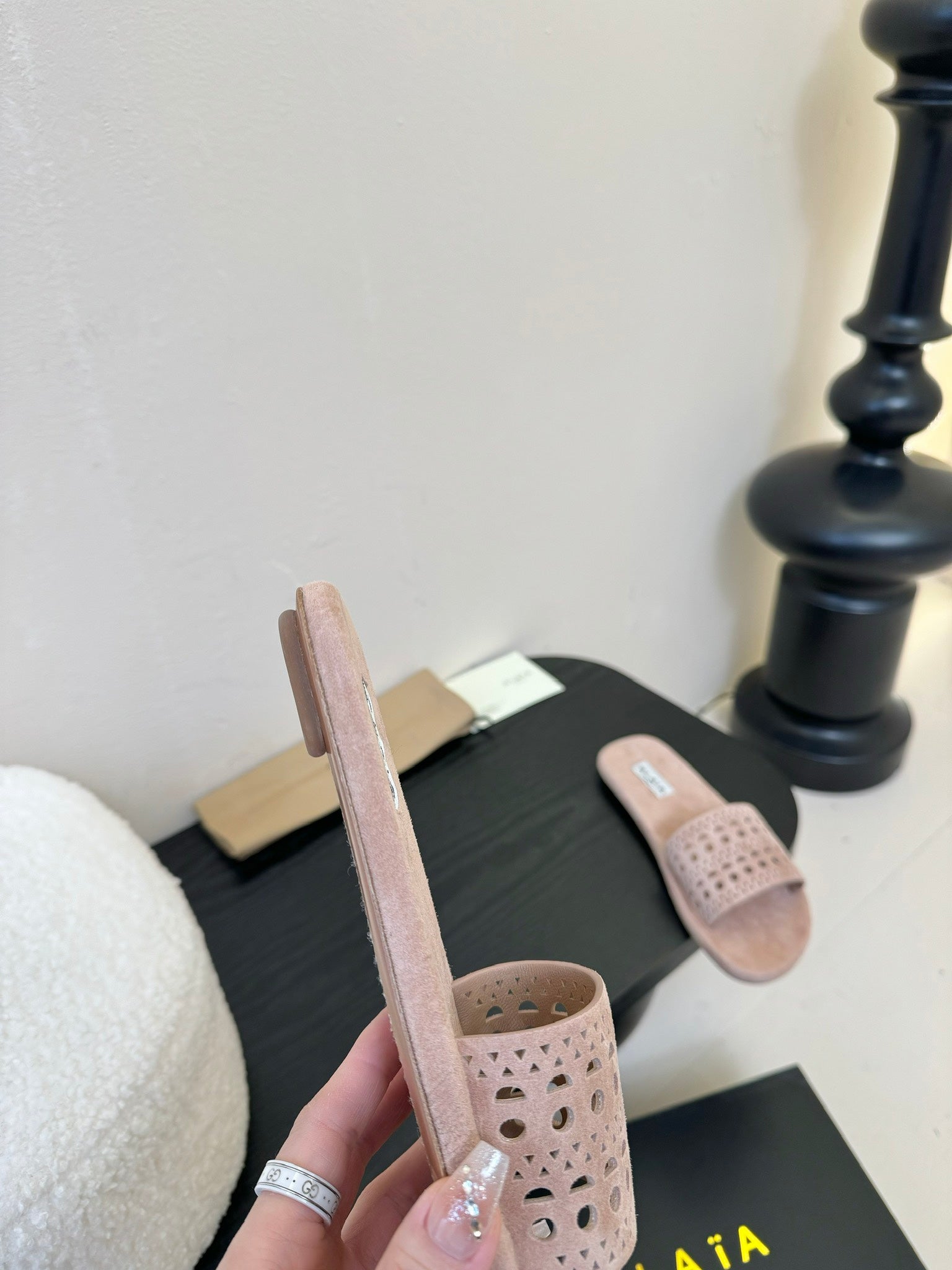 Alaia women laser-cut peach suede leather slide 235543