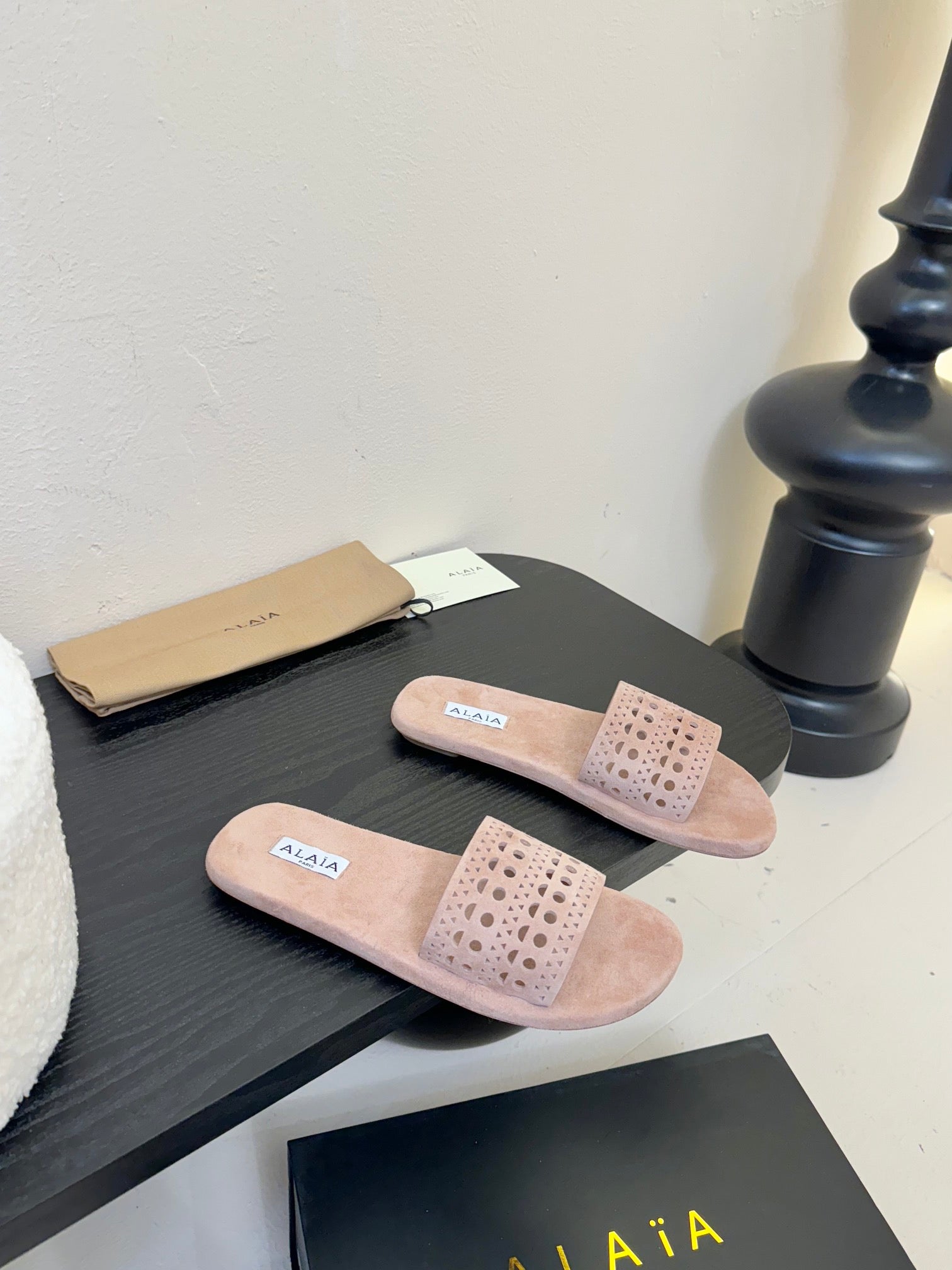 Alaia women laser-cut peach suede leather slide 235543