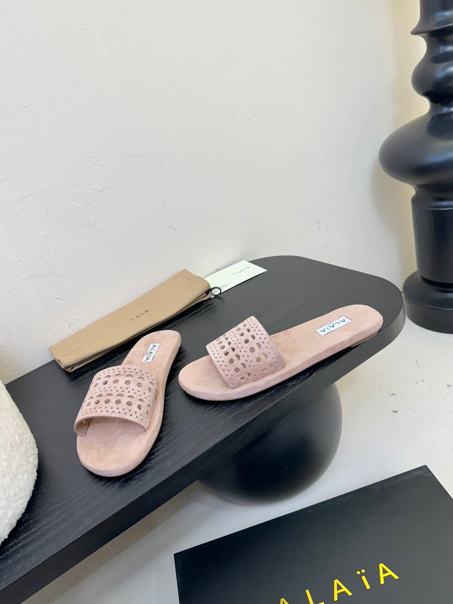 Alaia women laser-cut peach suede leather slide 235543
