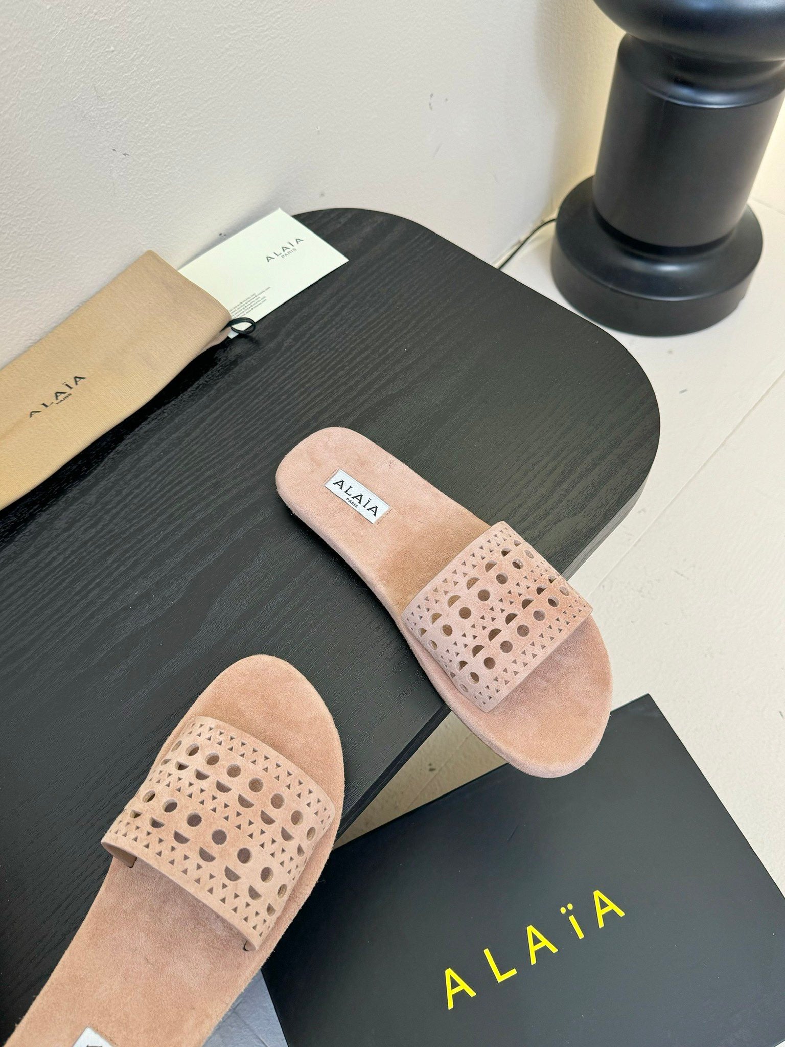 Alaia women laser-cut peach suede leather slide 235543