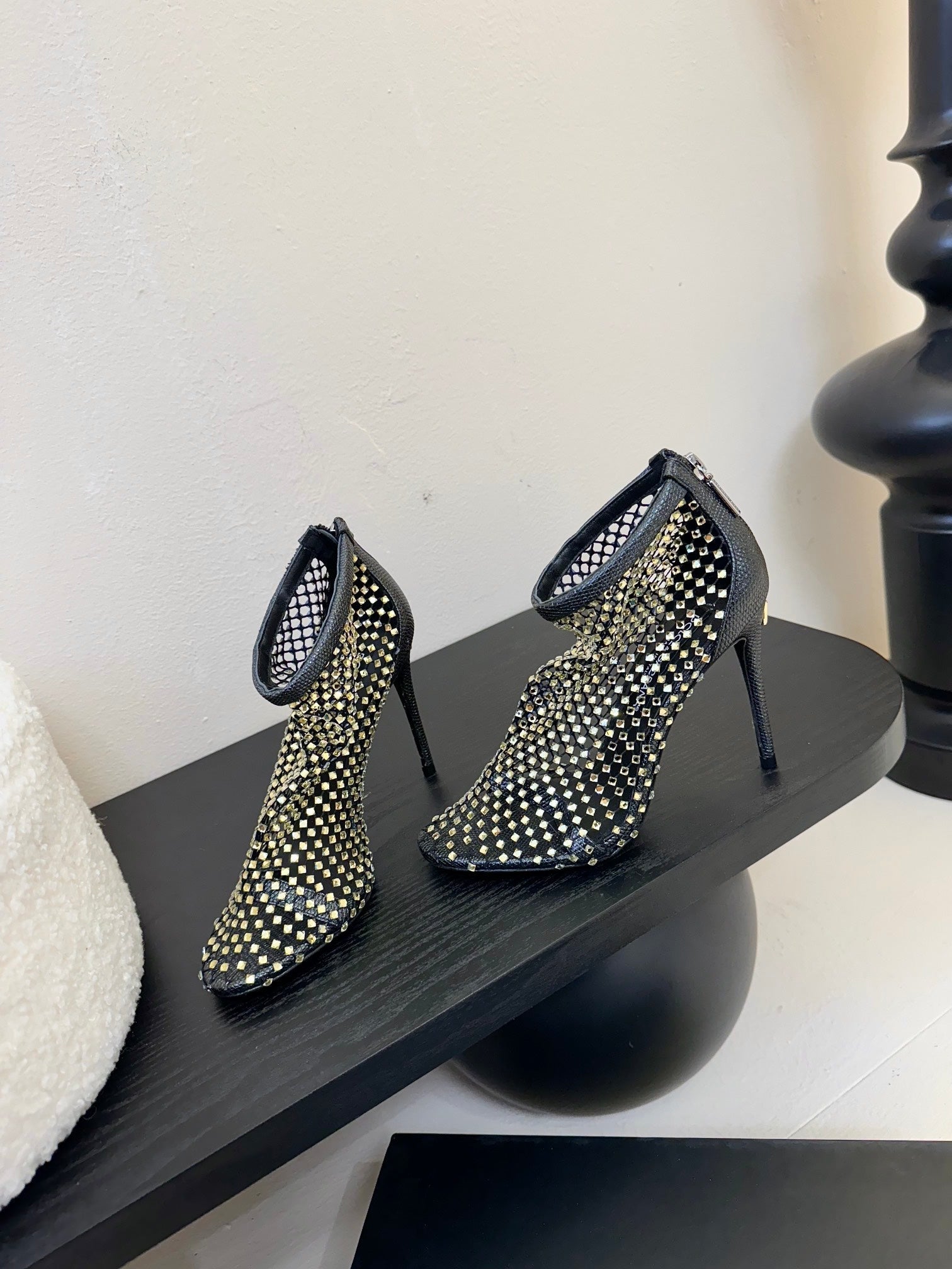 DC Pumps Black Gold Rhinestone Mesh & Sheepskin 297013
