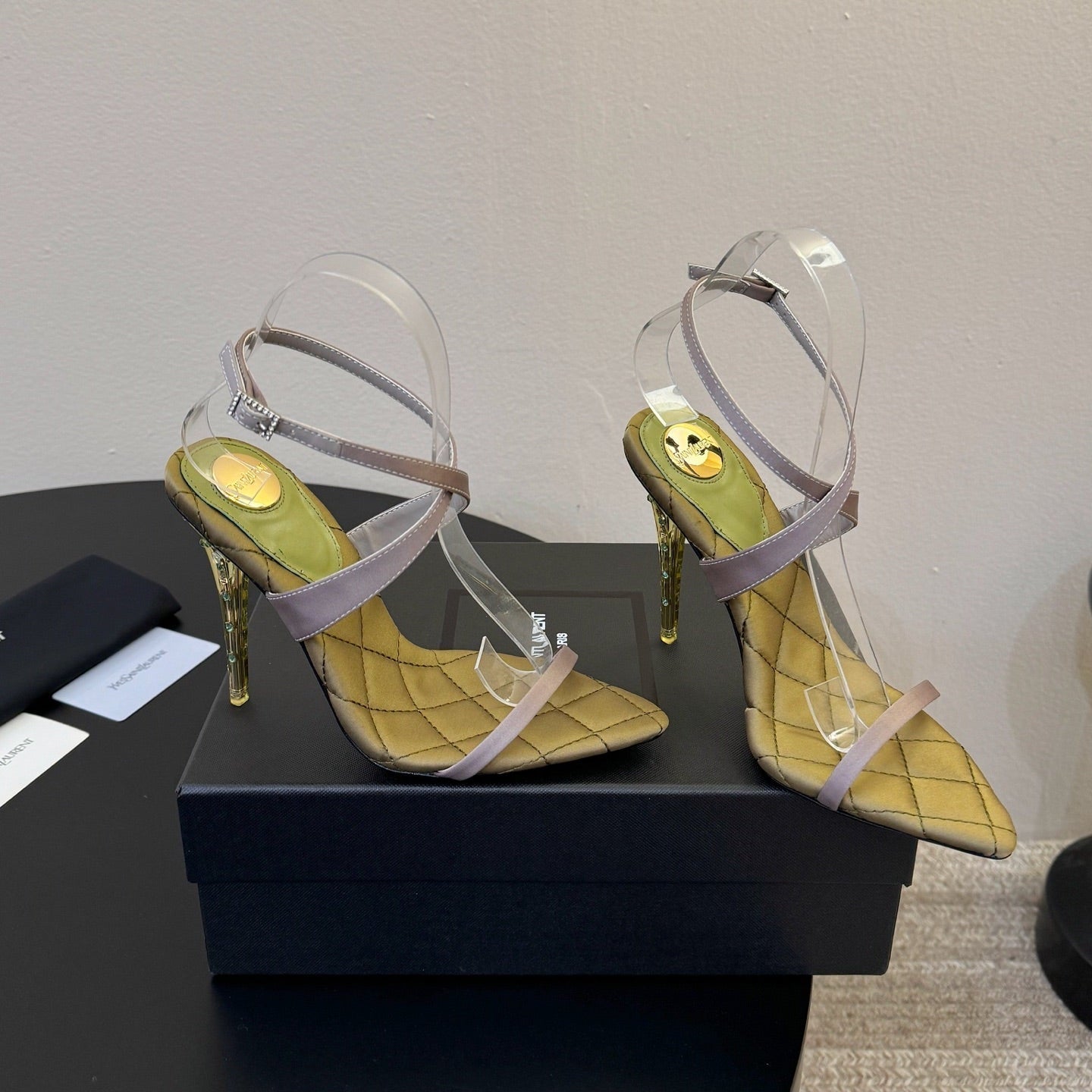 YSL Ivresse Sandals 11cm Olive Taupe Satin 934322