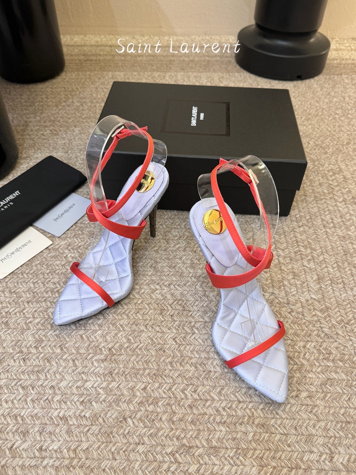 YSL Ivresse Sandals 11cm Blue Red Satin 934323