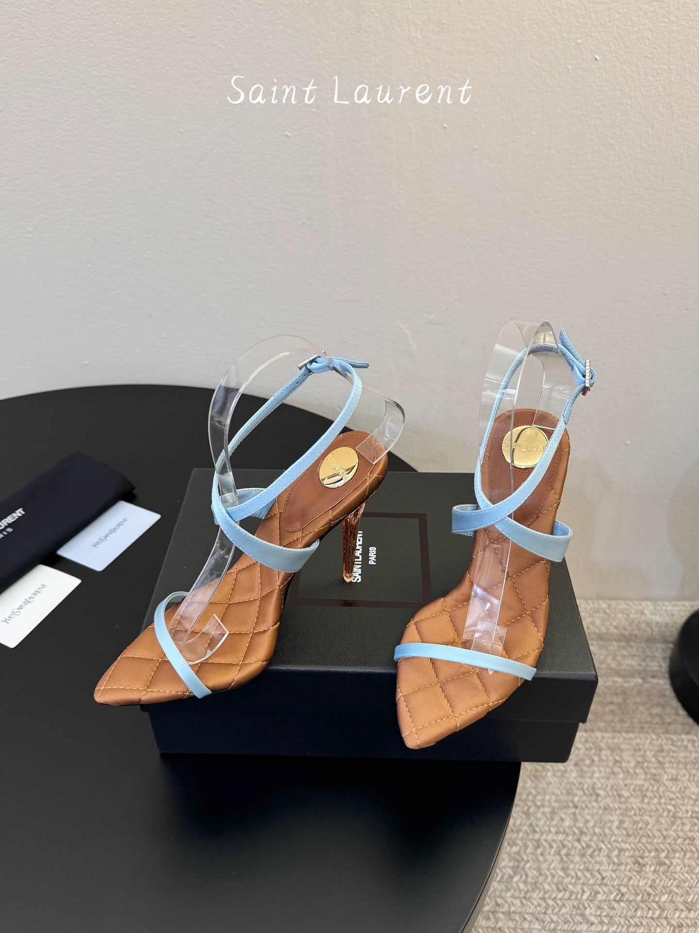 YSL Ivresse Sandals 11cm Brown Blue Satin 934326