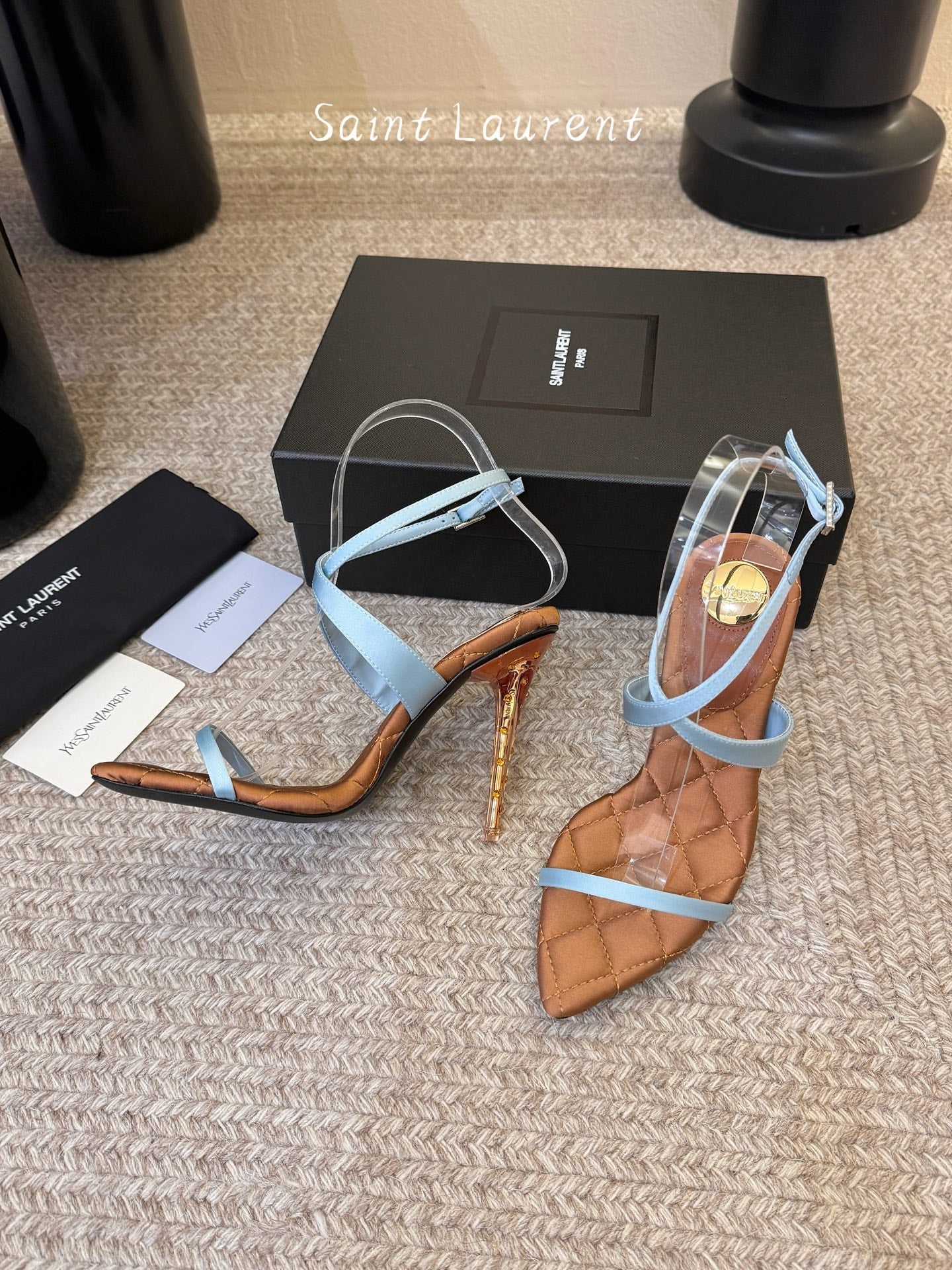 YSL Ivresse Sandals 11cm Brown Blue Satin 934326