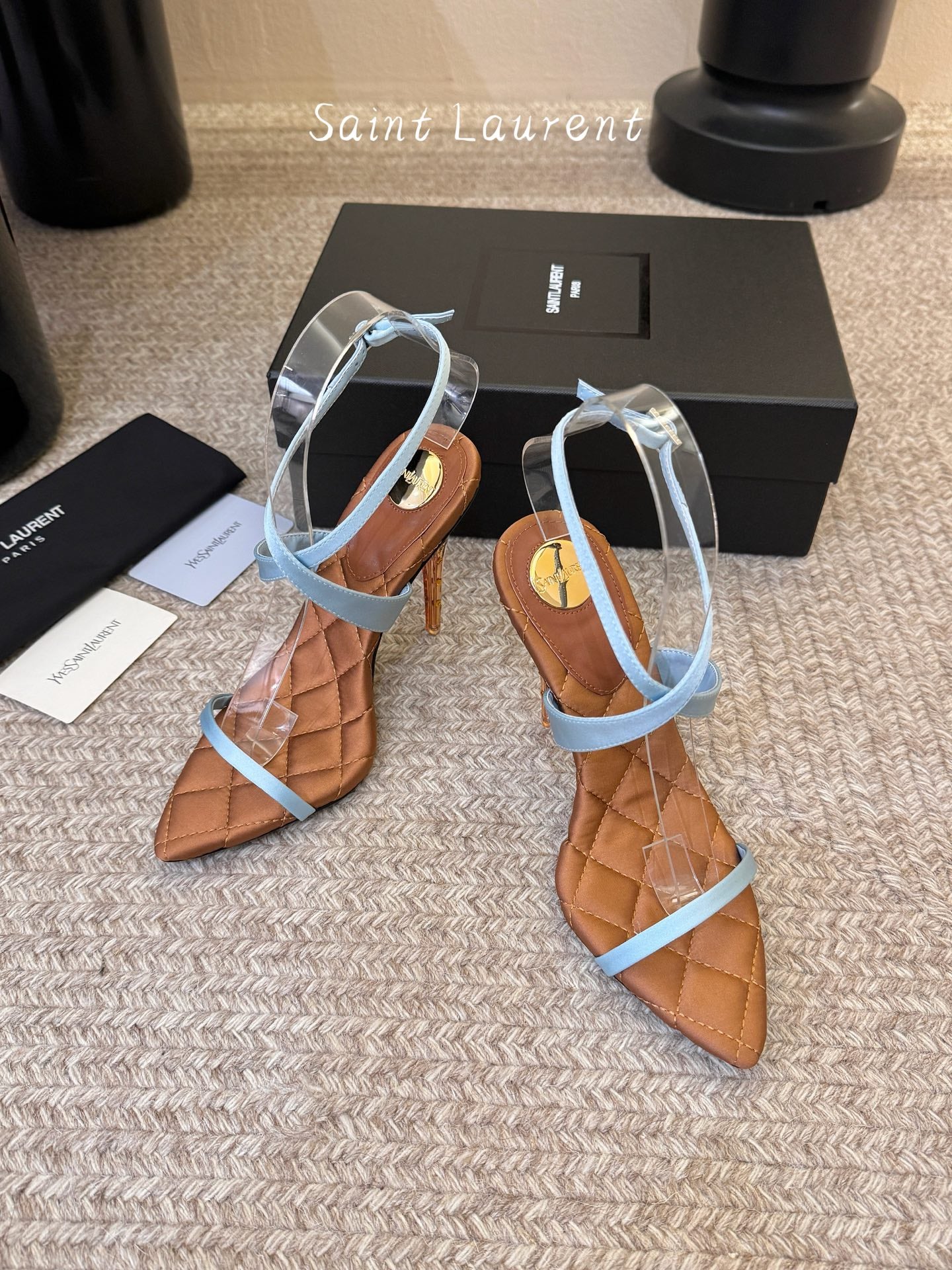 YSL Ivresse Sandals 11cm Brown Blue Satin 934326
