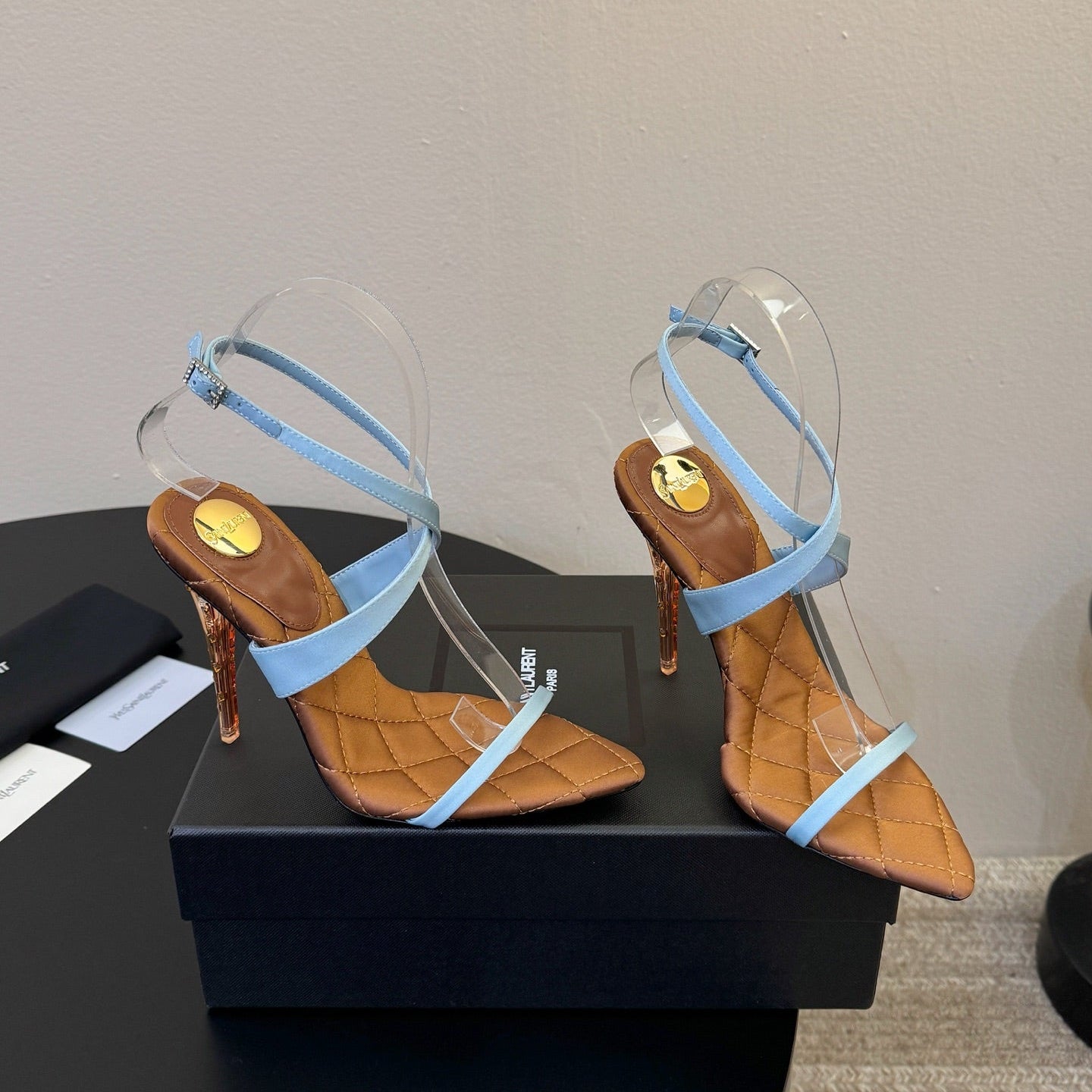YSL Ivresse Sandals 11cm Brown Blue Satin 934326