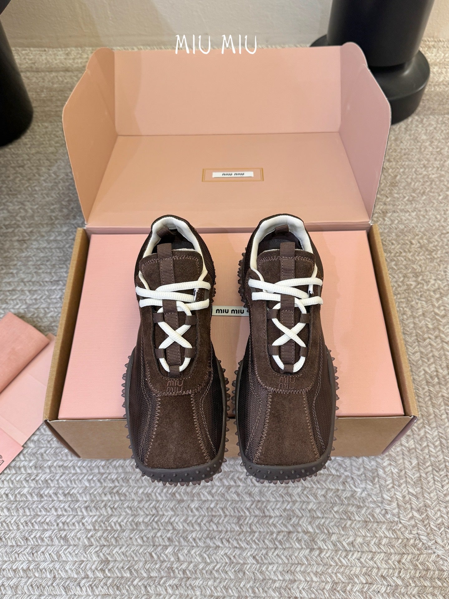 Miu 26s Square Toe Casual Sneakers Coffee Suede 890982
