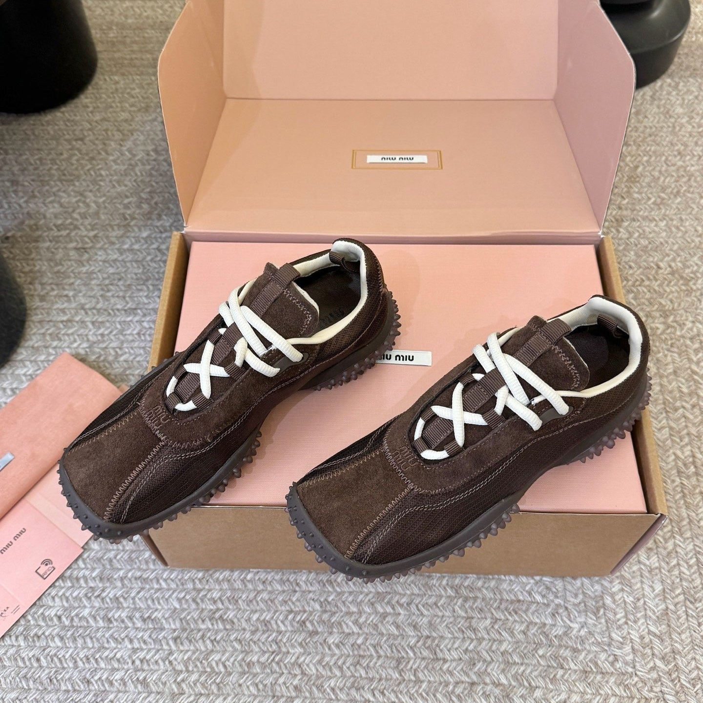 Miu 26s Square Toe Casual Sneakers Coffee Suede 890982