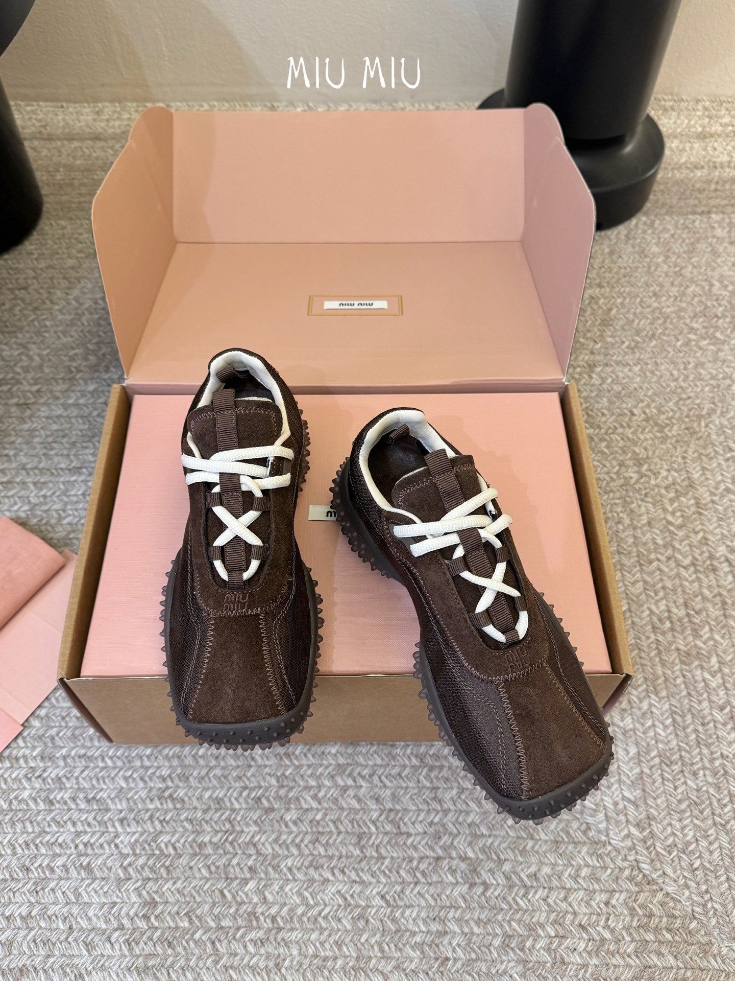 Miu 26s Square Toe Casual Sneakers Coffee Suede 890982