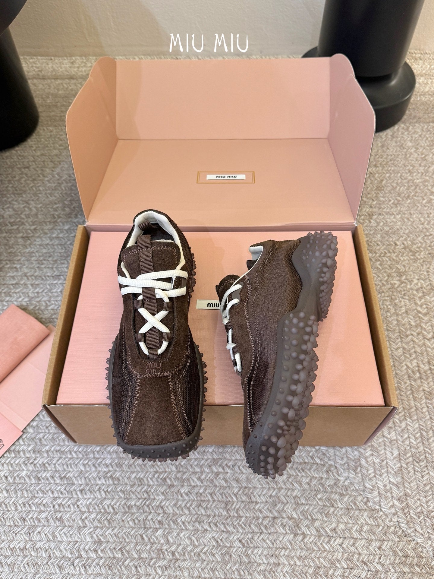 Miu 26s Square Toe Casual Sneakers Coffee Suede 890982