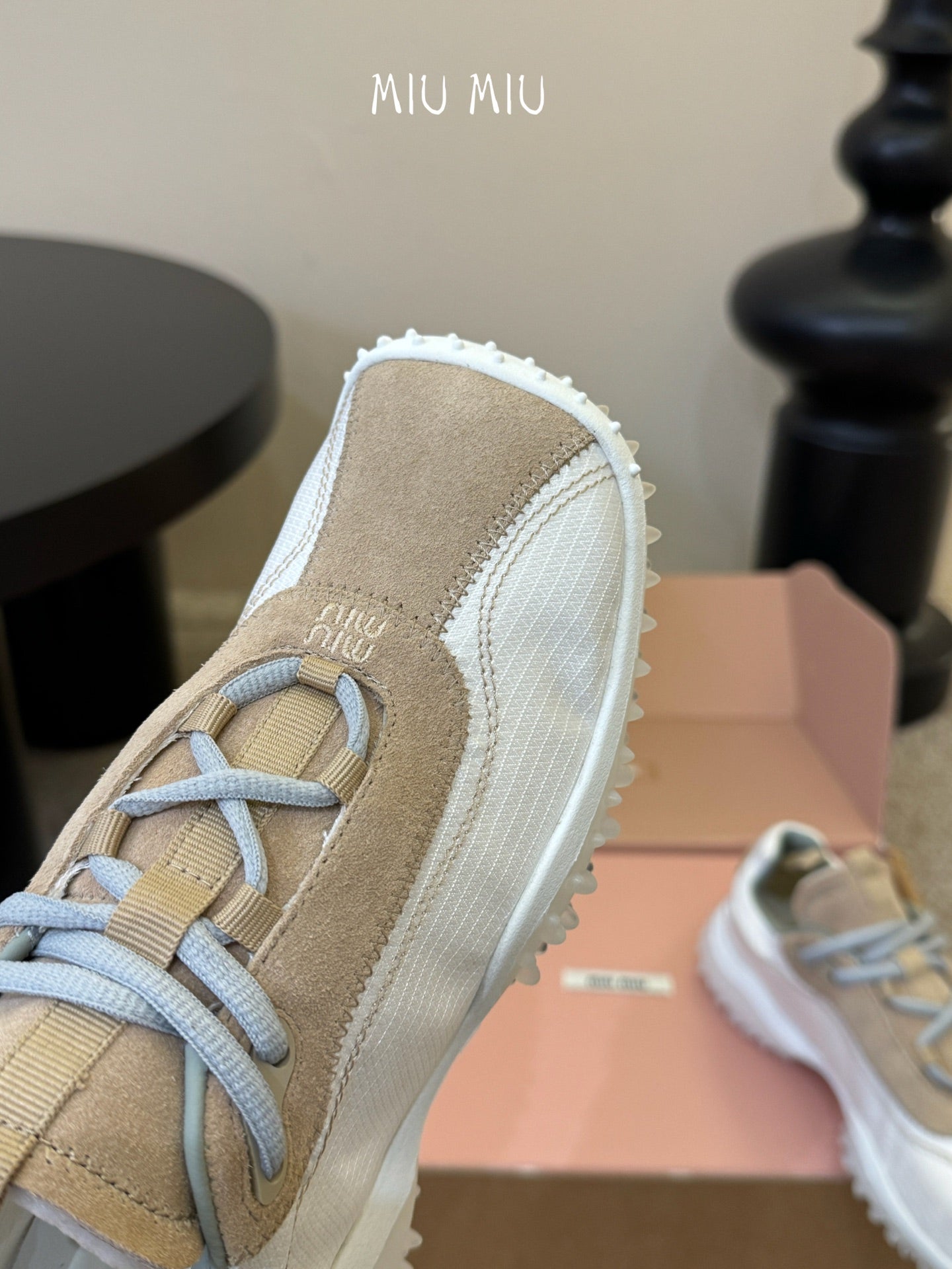 Miu 26s Square Toe Casual Sneakers White Khaki Suede 890984