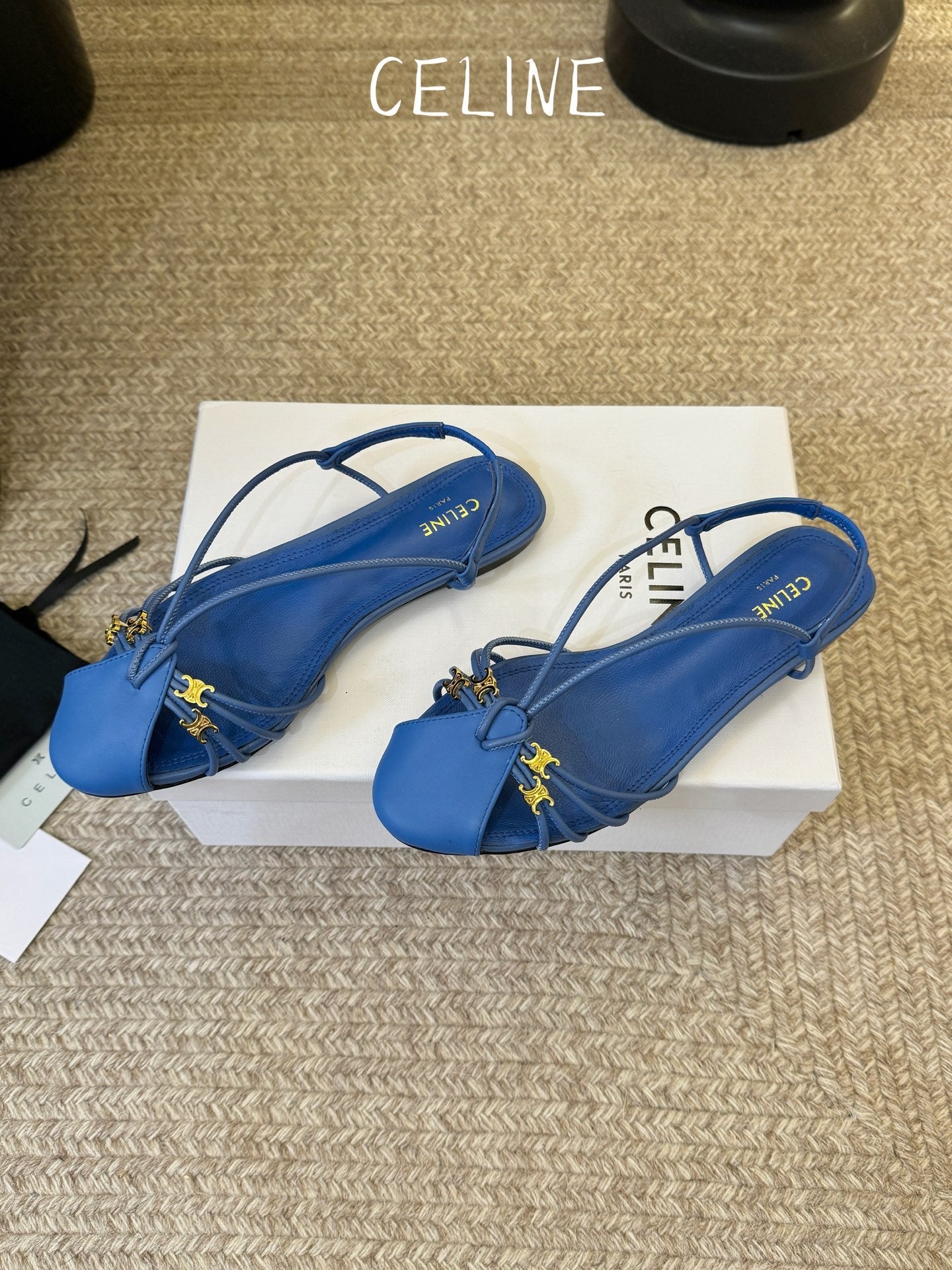 Celine Triomphe Strappy Flat Sandals Blue Lambskin 934181