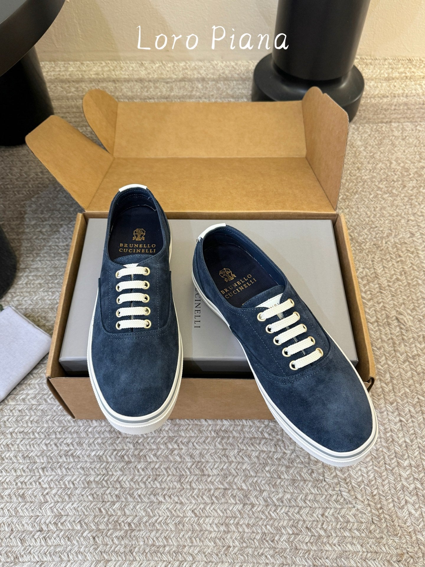 Brunello 26s Lace-Up Sneakers Navy Blue White Suede