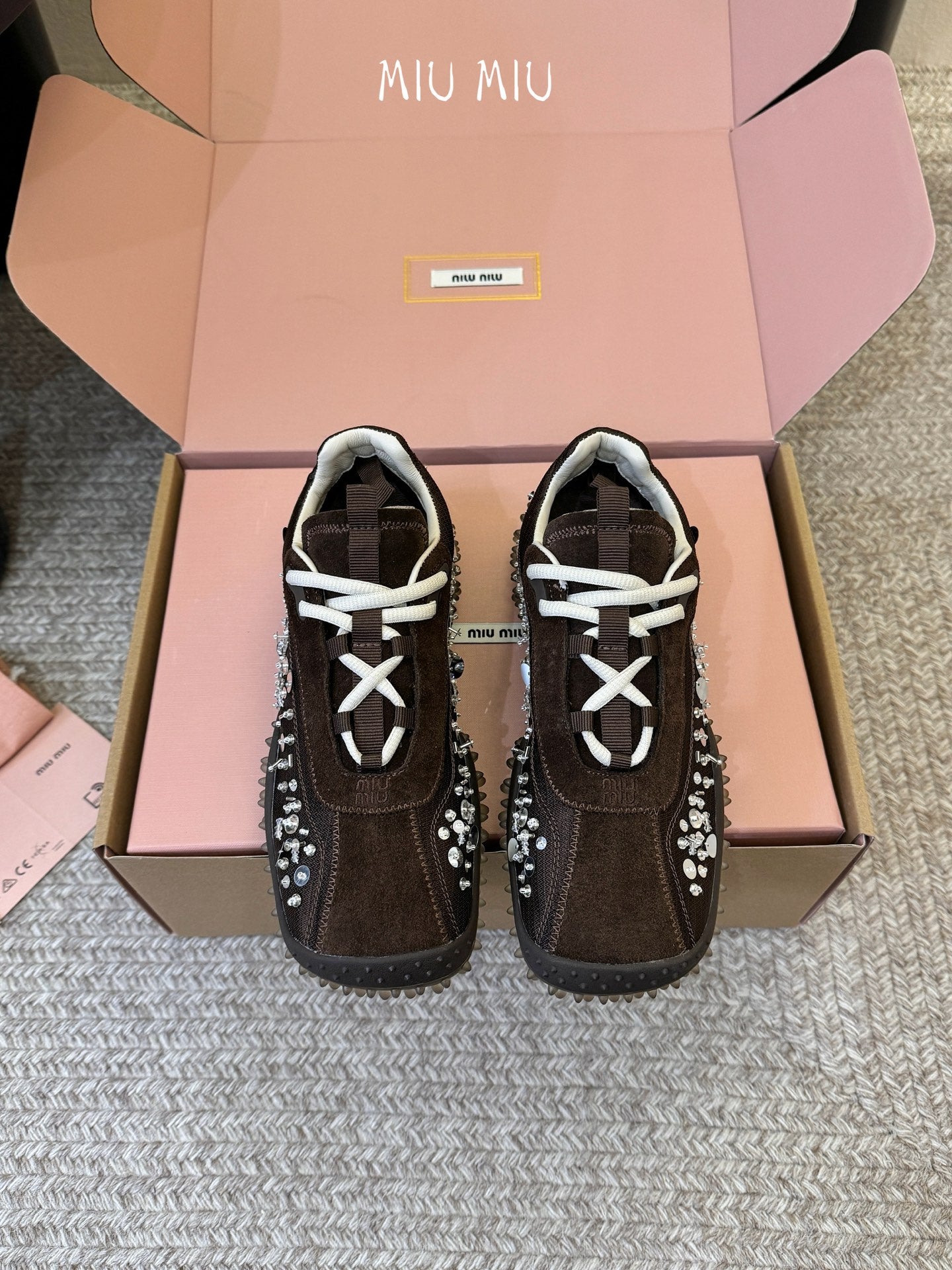Miu 26s Square Toe Casual Sneakers Coffee Suede 890986
