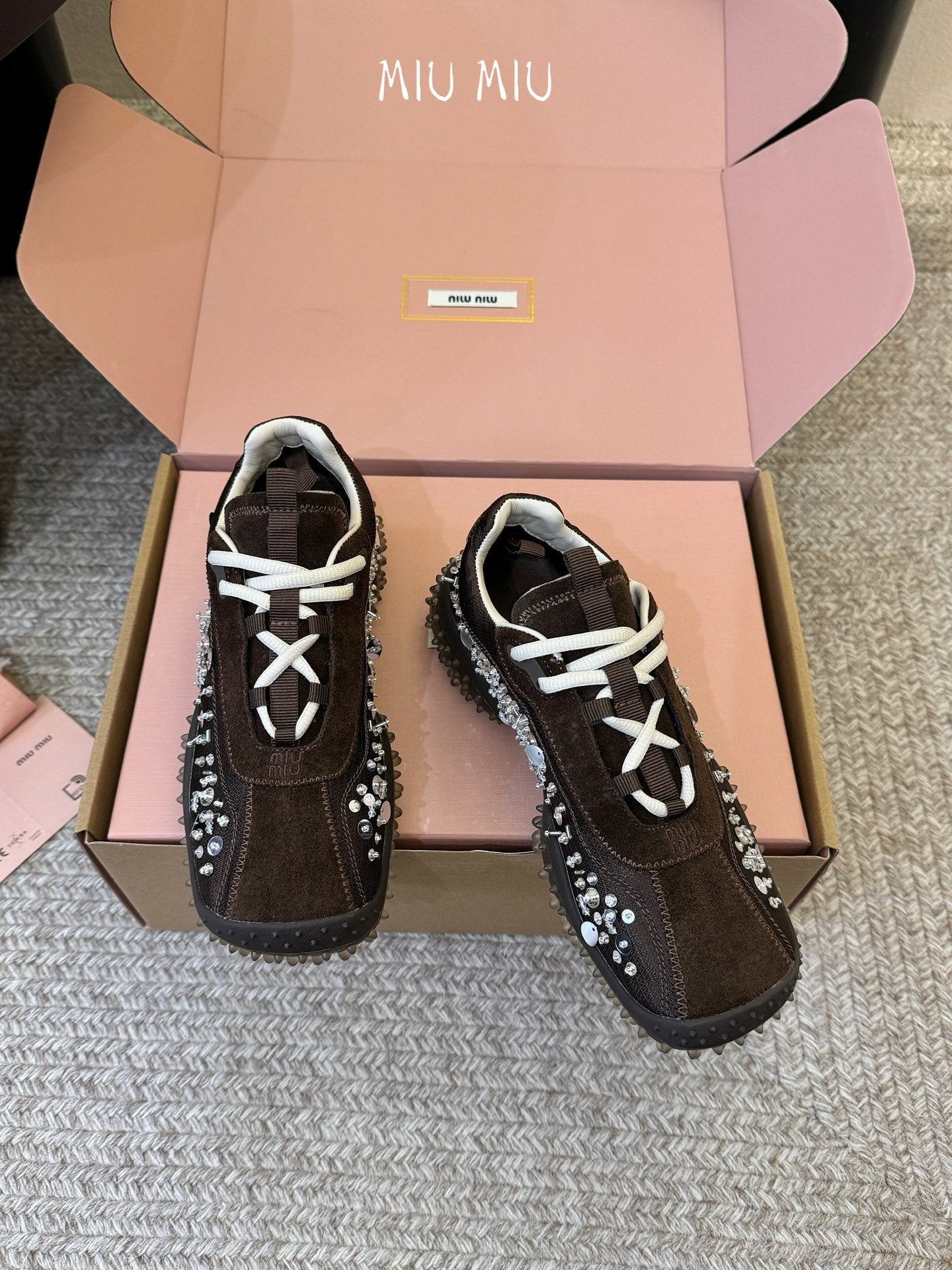 Miu 26s Square Toe Casual Sneakers Coffee Suede 890986