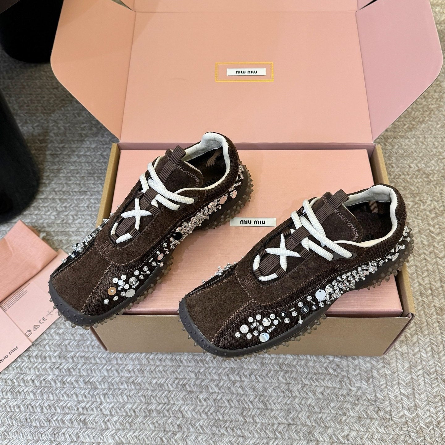 Miu 26s Square Toe Casual Sneakers Coffee Suede 890986
