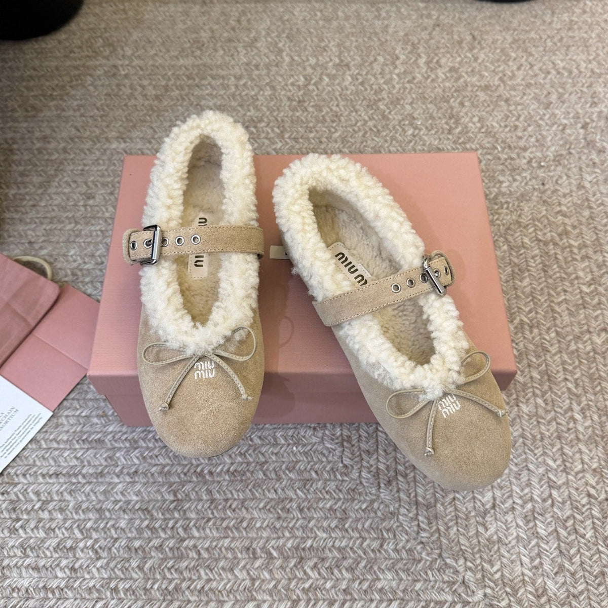 Miumiu 26s Shearling-Lined Mary Jane In Beige Suede